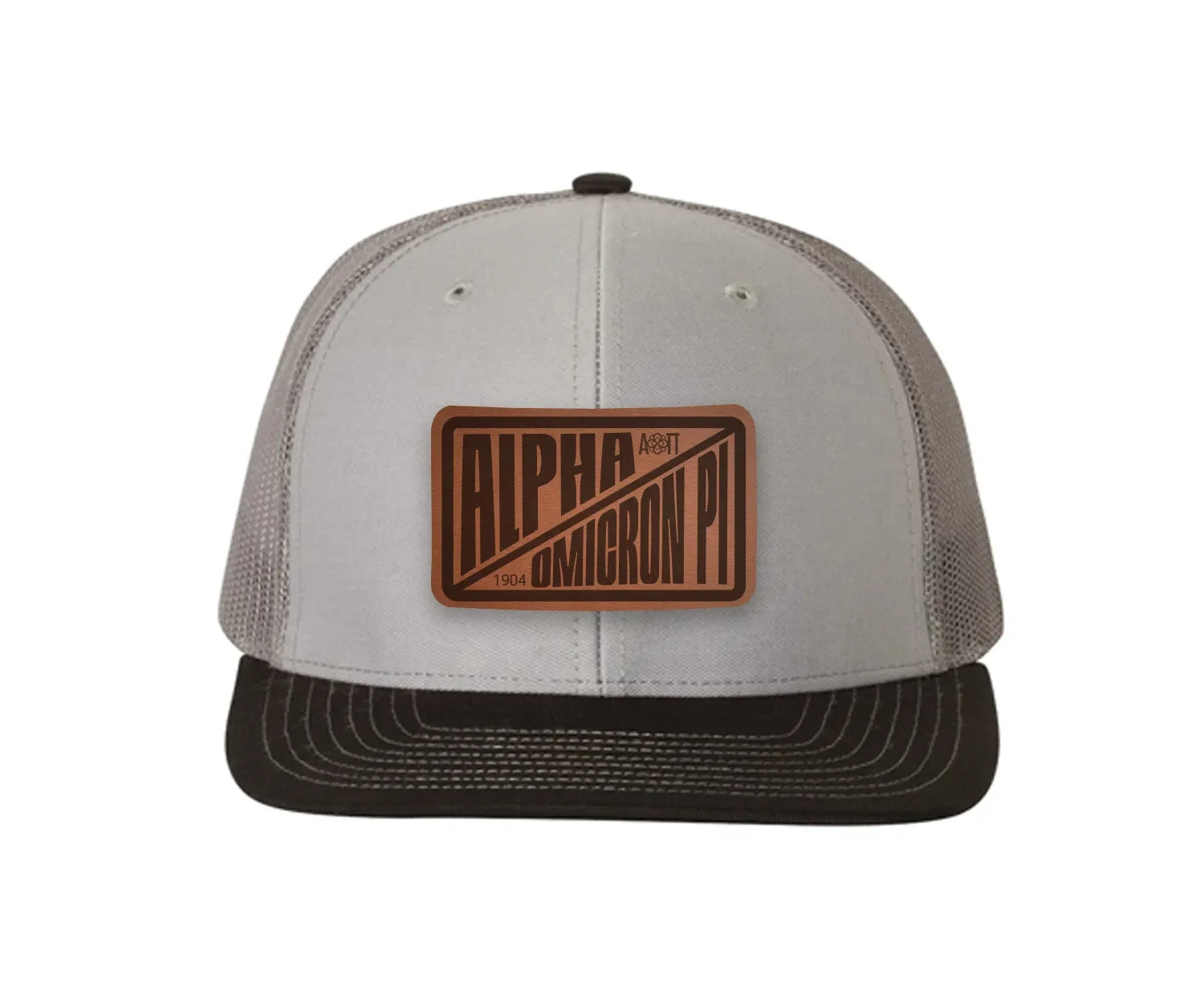 Alpha Omicron Pi Richardson 112 Leatherette Patch Trucker Hat - Divide Gray Charcoal Black Trucker Hat