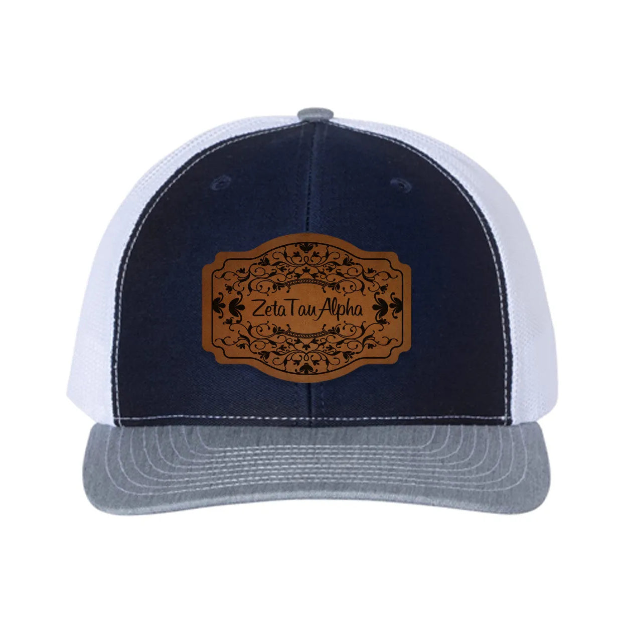 Zeta Tau Alpha Richardson 112 Leatherette Patch Trucker Hat - Scroll Navy White Heather Gray Trucker Hat