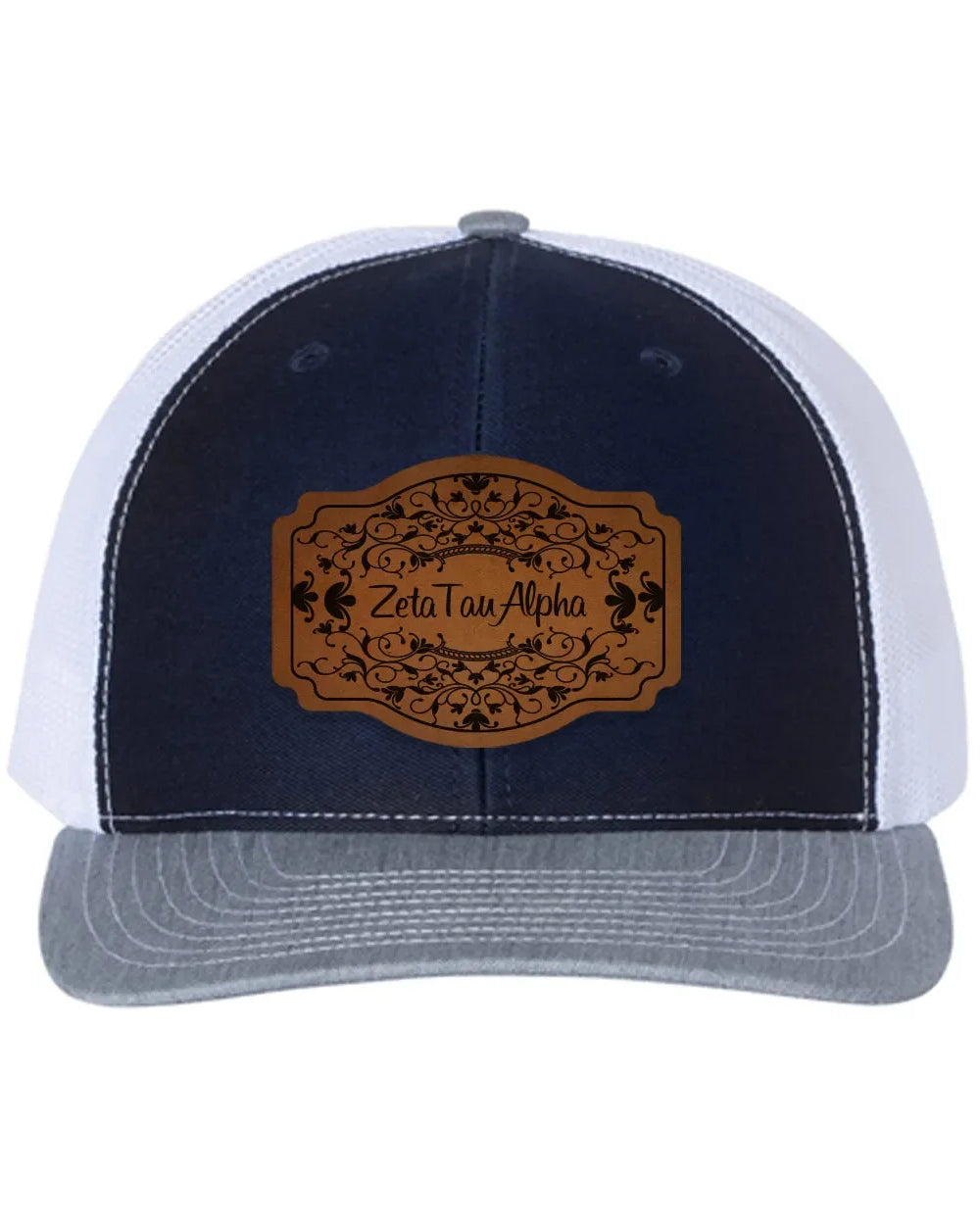 Zeta Tau Alpha Richardson 112 Leatherette Patch Trucker Hat - Scroll Navy White Heather Gray Trucker Hat