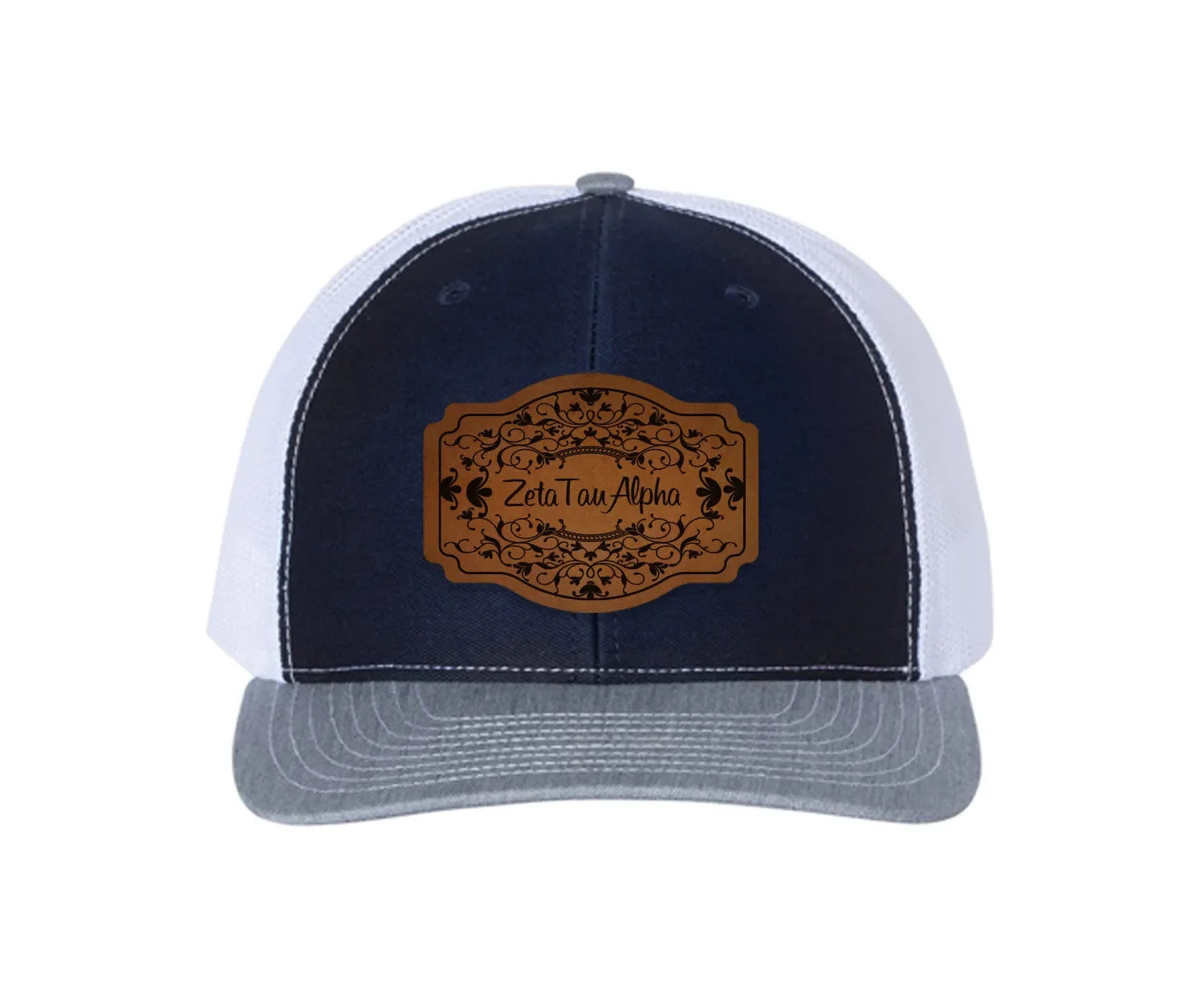 Zeta Tau Alpha Richardson 112 Leatherette Patch Trucker Hat - Scroll Navy White Heather Gray Trucker Hat