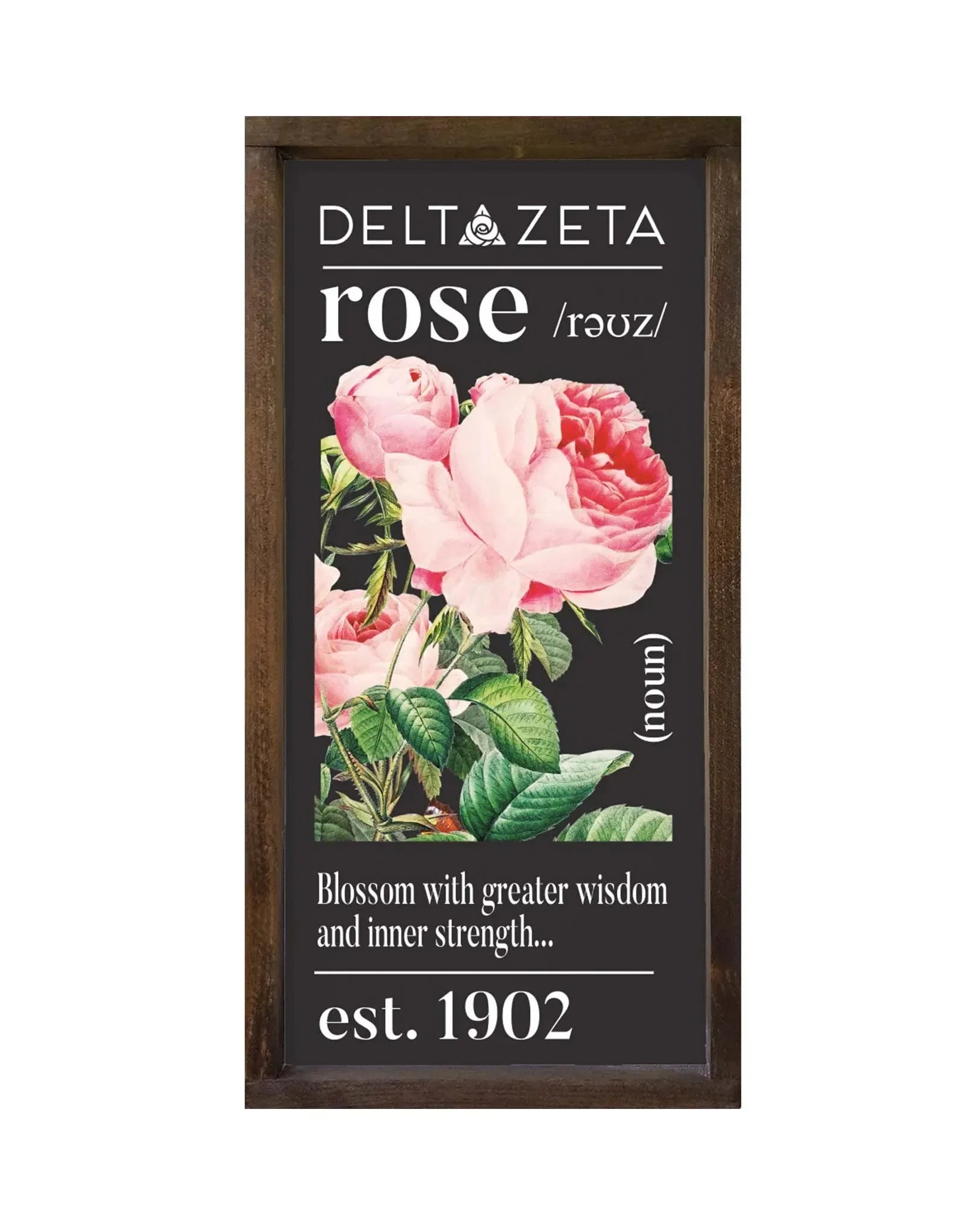 Delta Zeta Large 12x24 Wood Framed Sign - Rose Stamp Walnut Stain Wall Art & Signs