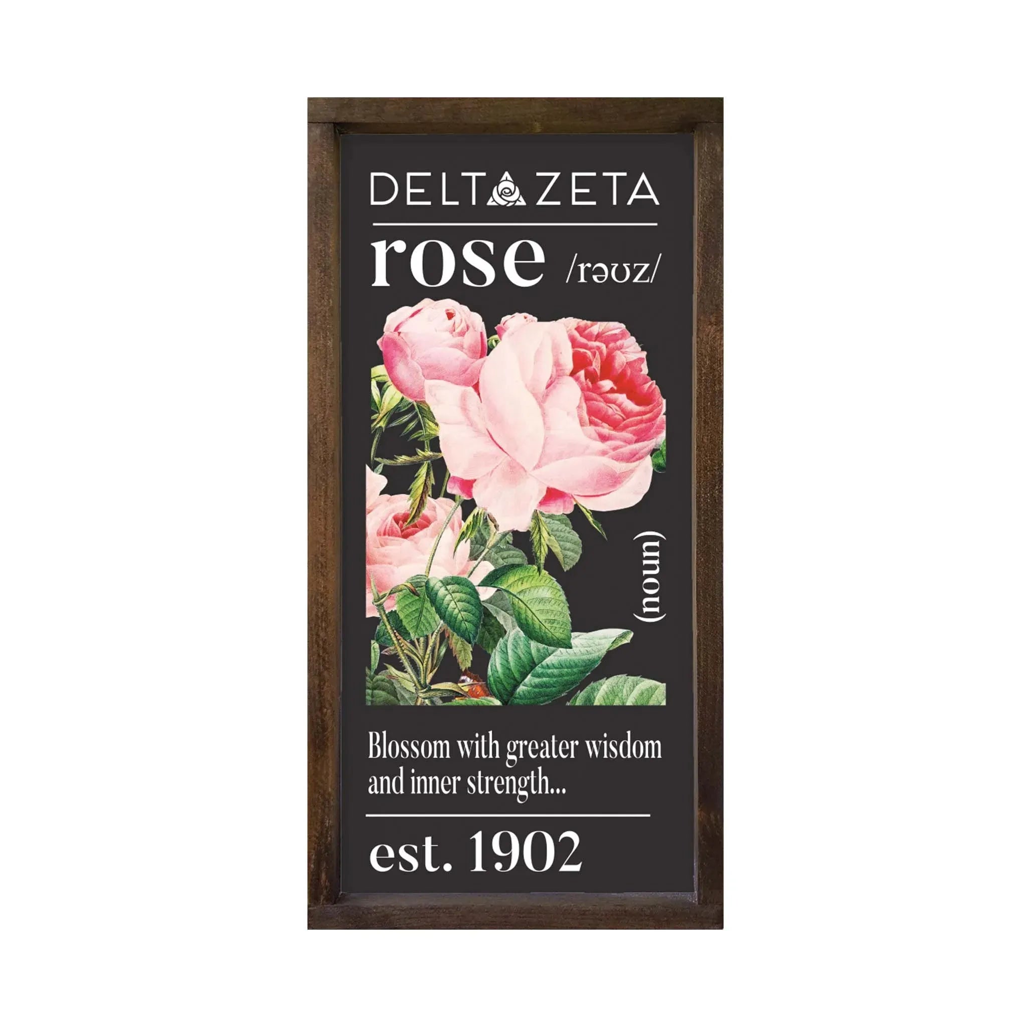 Delta Zeta Large 12x24 Wood Framed Sign - Rose Stamp Walnut Stain Wall Art & Signs