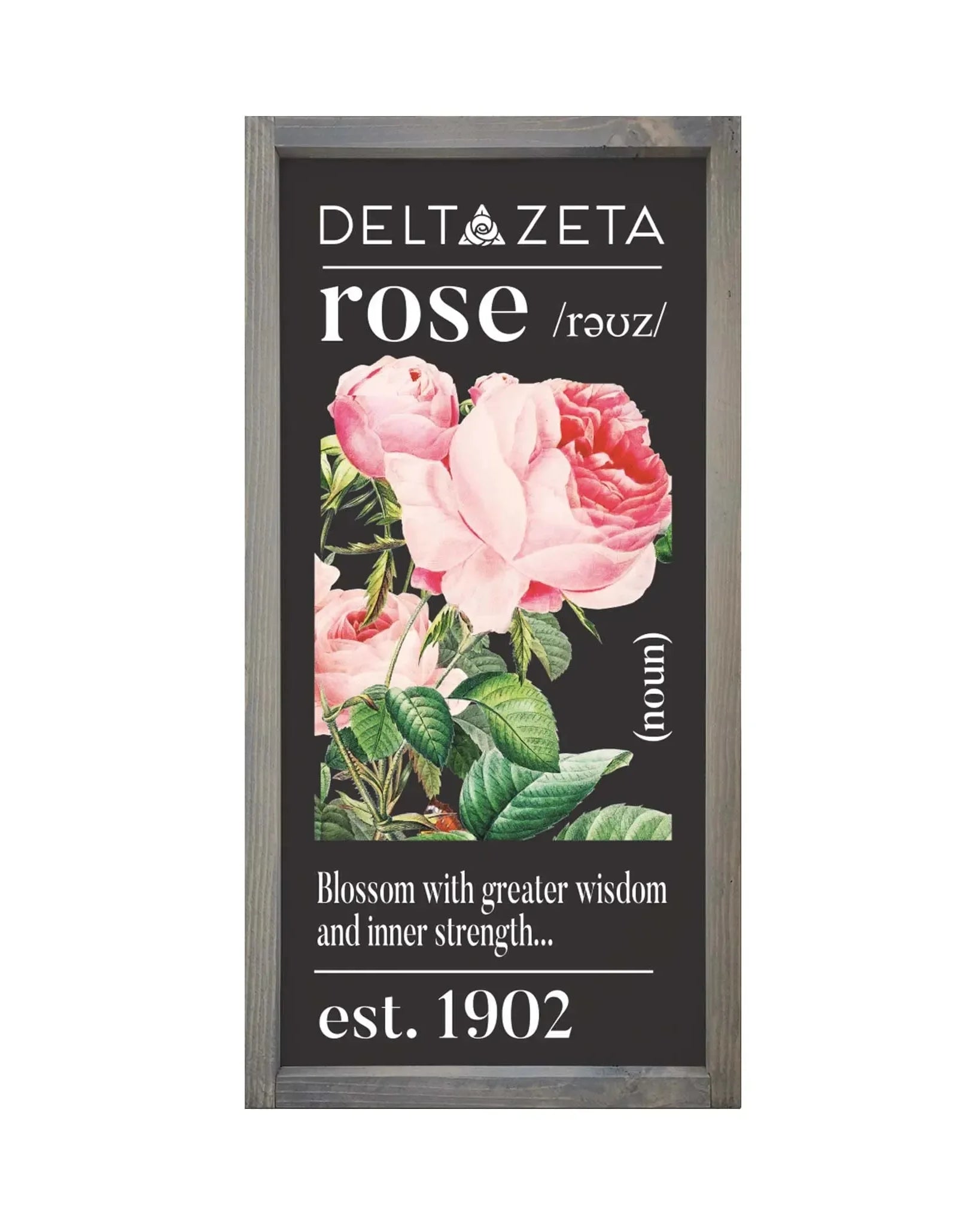 Delta Zeta Large 12x24 Wood Framed Sign - Rose Stamp Weathered Gray Wall Art & Signs