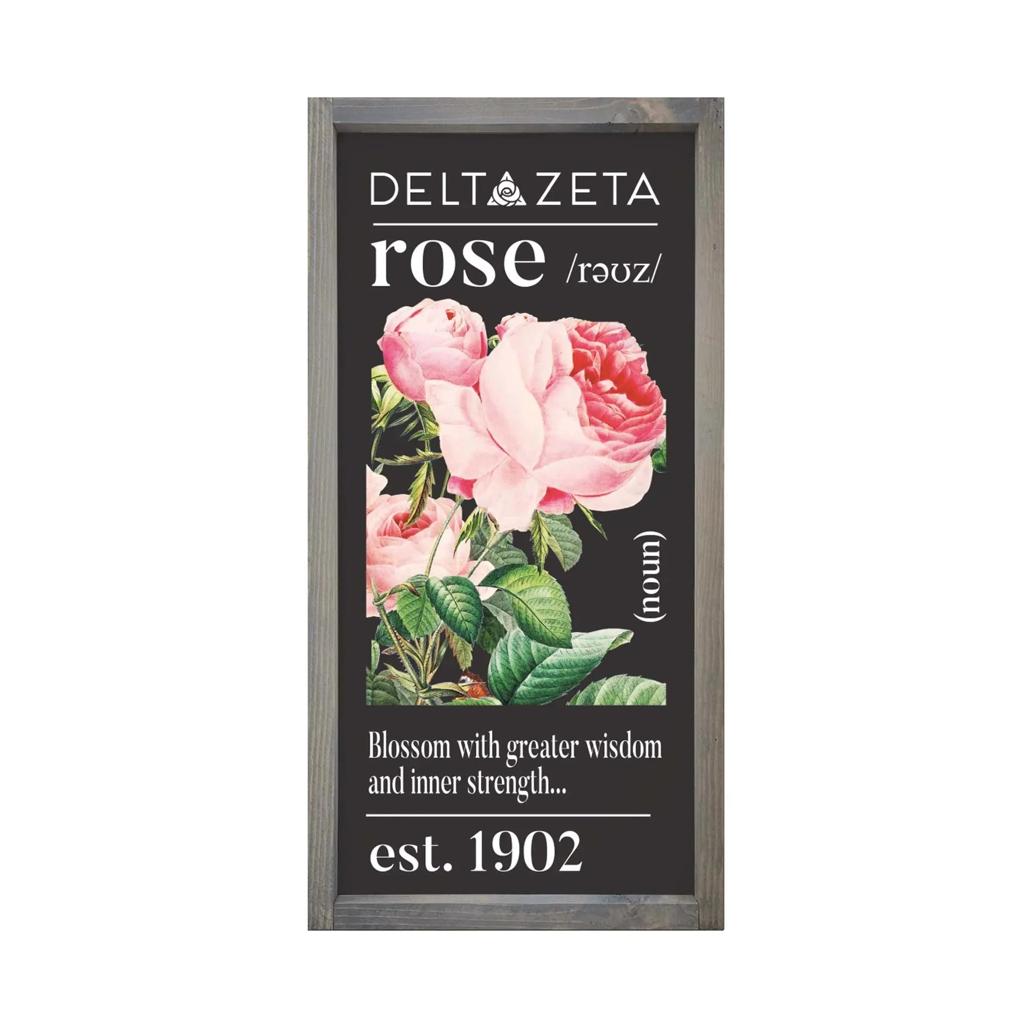 Delta Zeta Large 12x24 Wood Framed Sign - Rose Stamp Weathered Gray Wall Art & Signs
