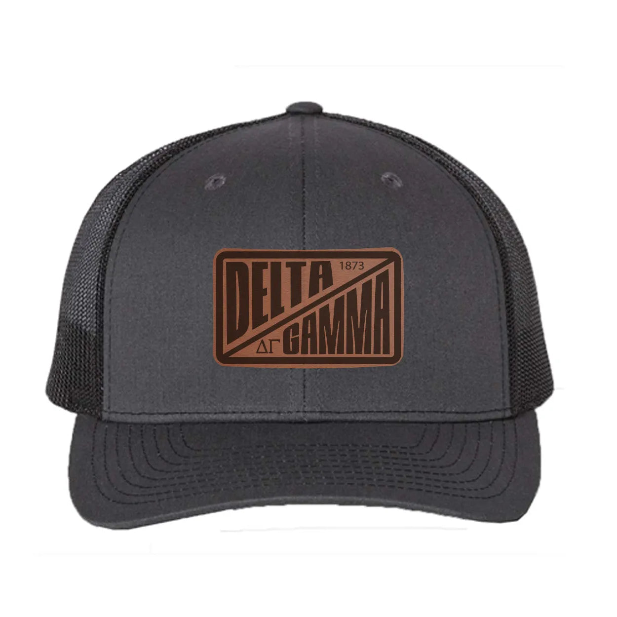 Delta Gamma Richardson 112 Leatherette Patch Trucker Hat - Divide Charcoal Black Trucker Hat
