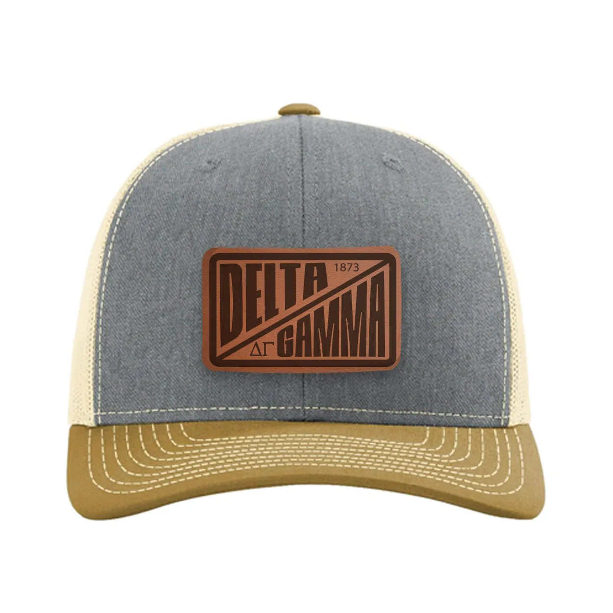 Delta Gamma Richardson 112 Leatherette Patch Trucker Hat - Divide Heather Gray Birch Amber Gold Trucker Hat