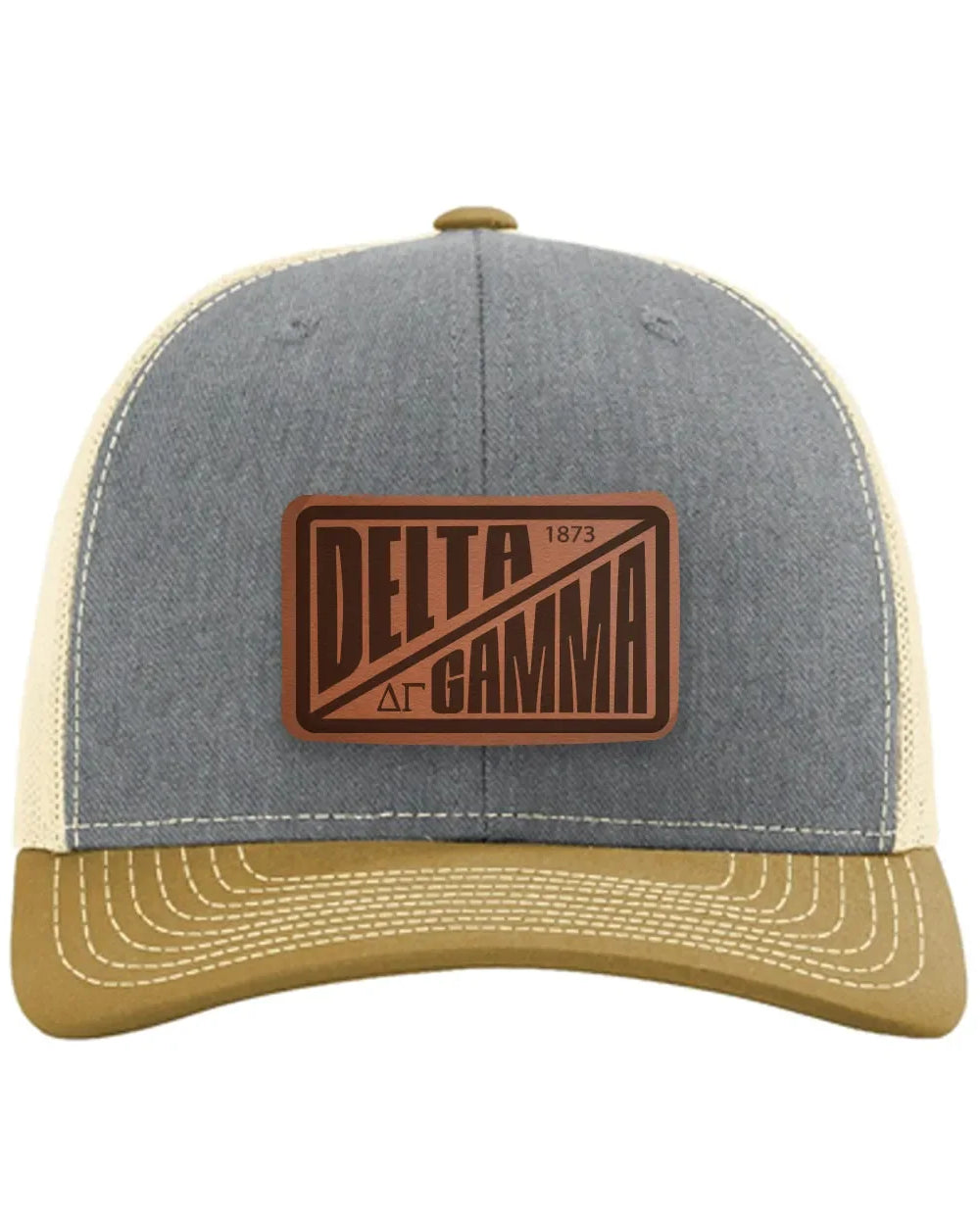 Delta Gamma Richardson 112 Leatherette Patch Trucker Hat - Divide Heather Gray Birch Amber Gold Trucker Hat