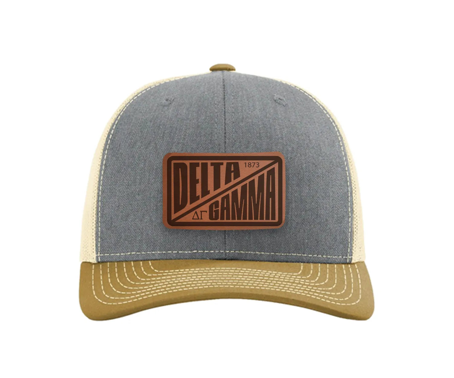 Delta Gamma Richardson 112 Leatherette Patch Trucker Hat - Divide Heather Gray Birch Amber Gold Trucker Hat