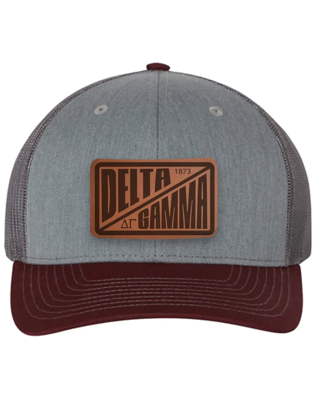Delta Gamma Richardson 112 Leatherette Patch Trucker Hat - Divide Heather Gray Charcoal Maroon Trucker Hat