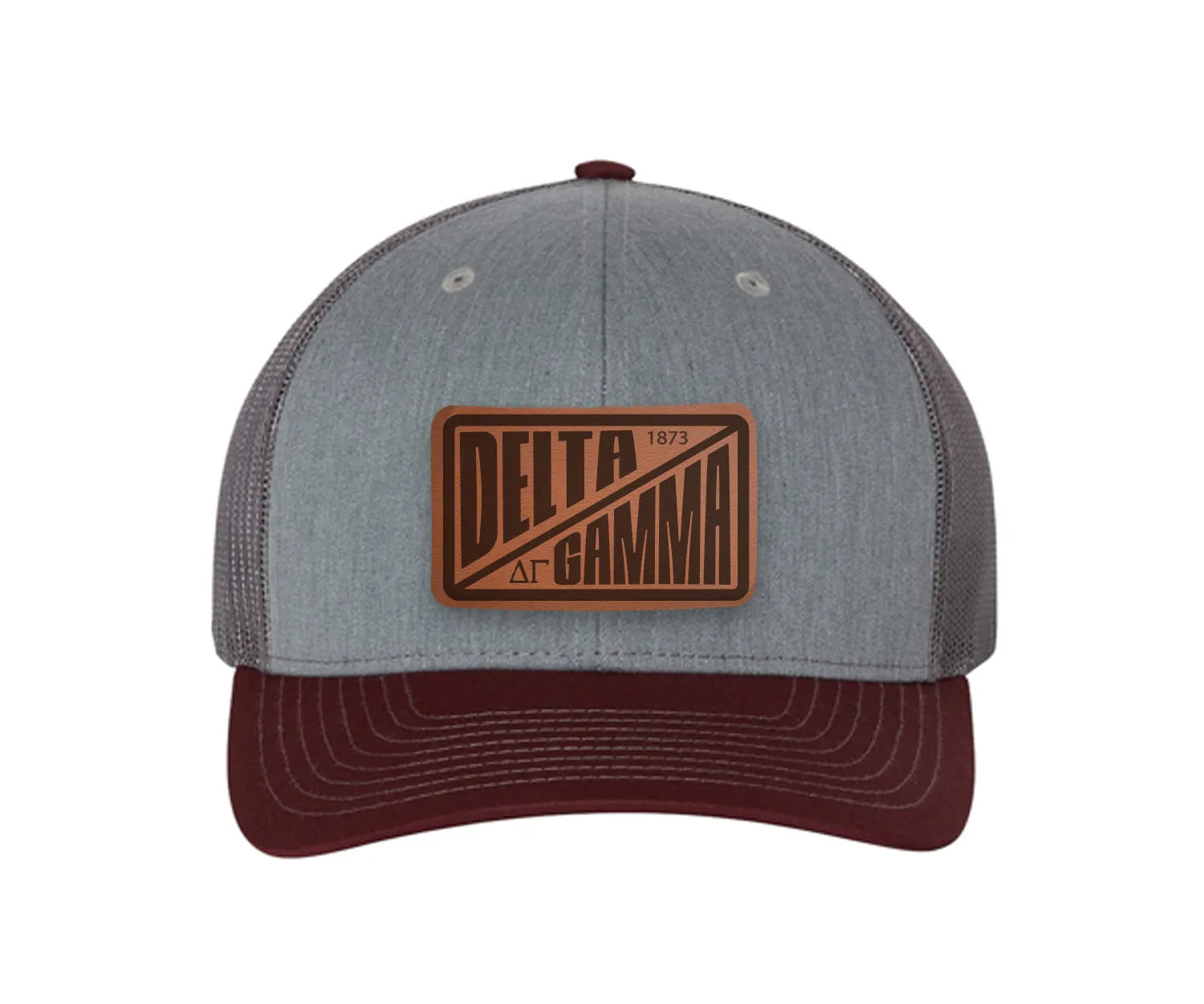Delta Gamma Richardson 112 Leatherette Patch Trucker Hat - Divide Heather Gray Charcoal Maroon Trucker Hat
