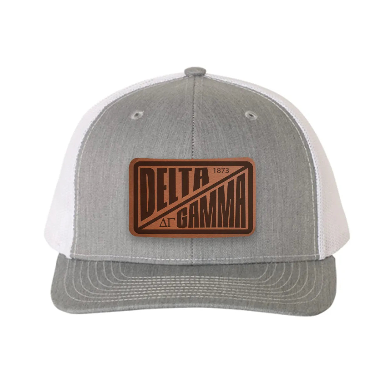 Delta Gamma Richardson 112 Leatherette Patch Trucker Hat - Divide Heather Gray White Trucker Hat