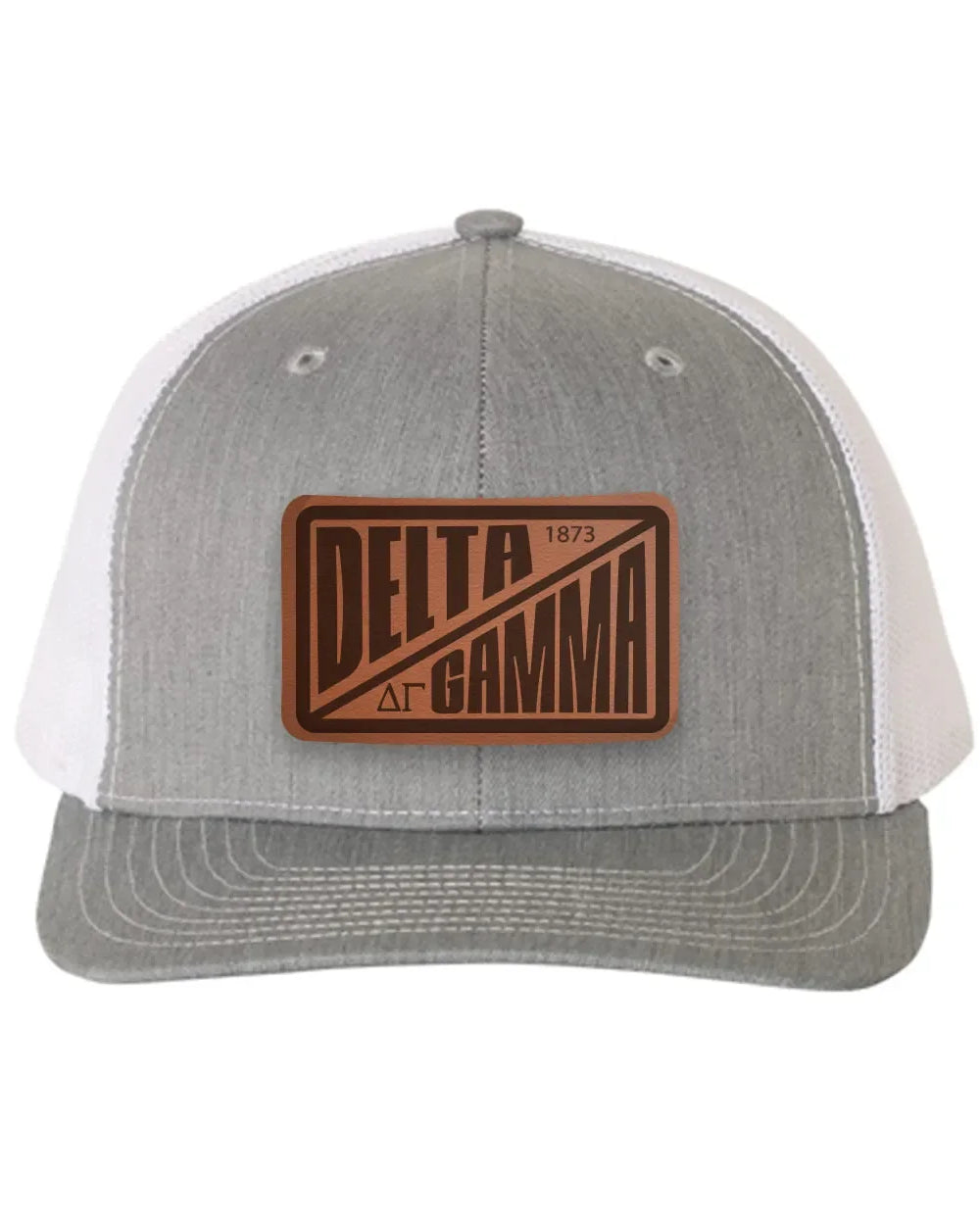 Delta Gamma Richardson 112 Leatherette Patch Trucker Hat - Divide Heather Gray White Trucker Hat