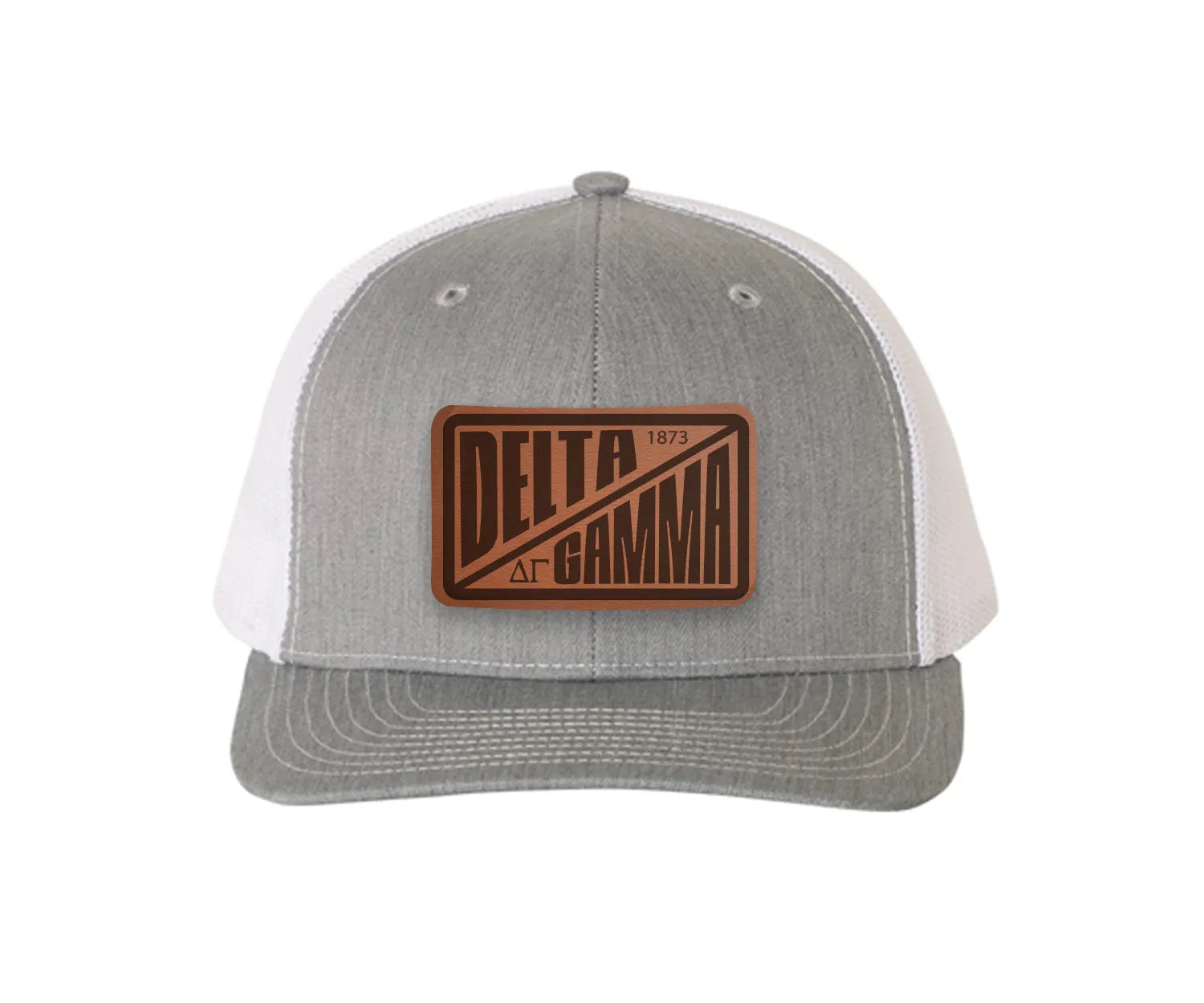 Delta Gamma Richardson 112 Leatherette Patch Trucker Hat - Divide Heather Gray White Trucker Hat