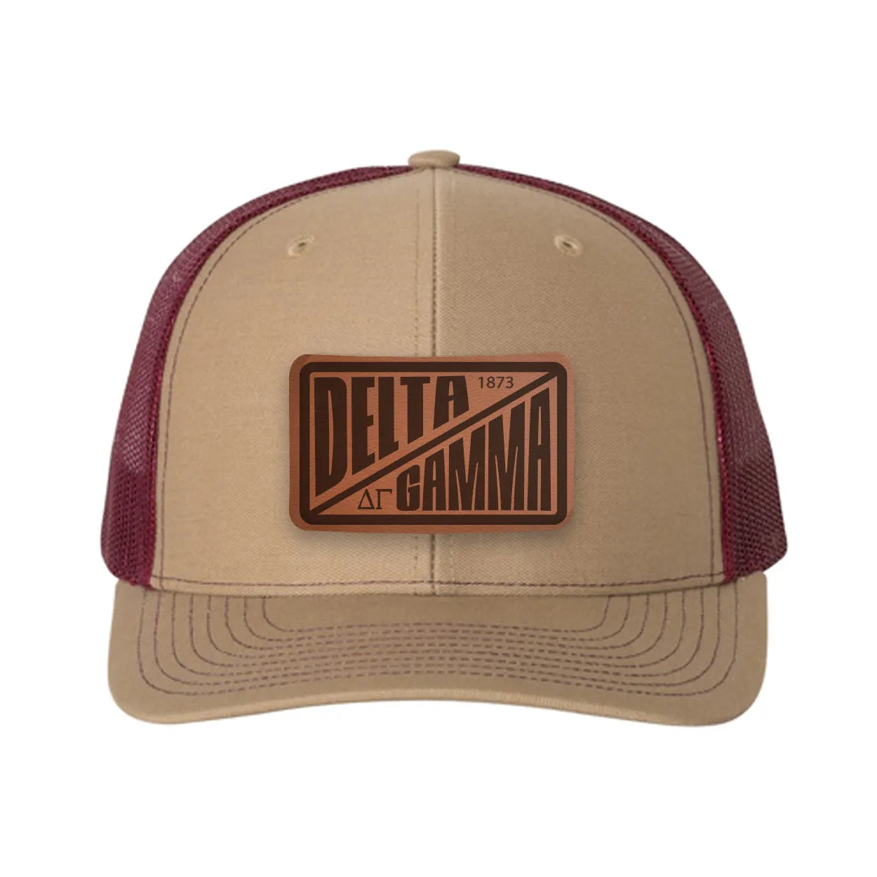 Delta Gamma Richardson 112 Leatherette Patch Trucker Hat - Divide Khaki Burgundy Trucker Hat