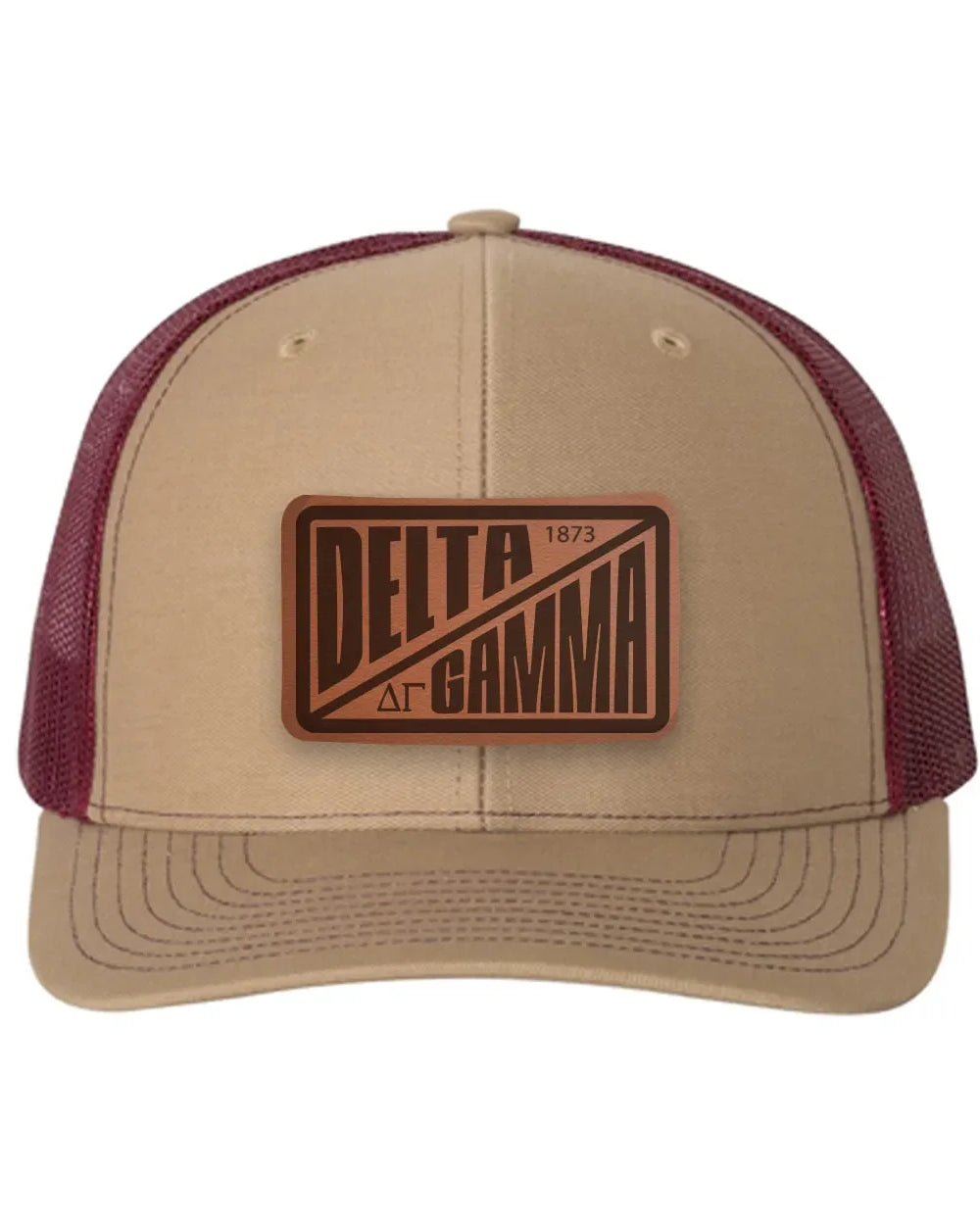 Delta Gamma Richardson 112 Leatherette Patch Trucker Hat - Divide Khaki Burgundy Trucker Hat