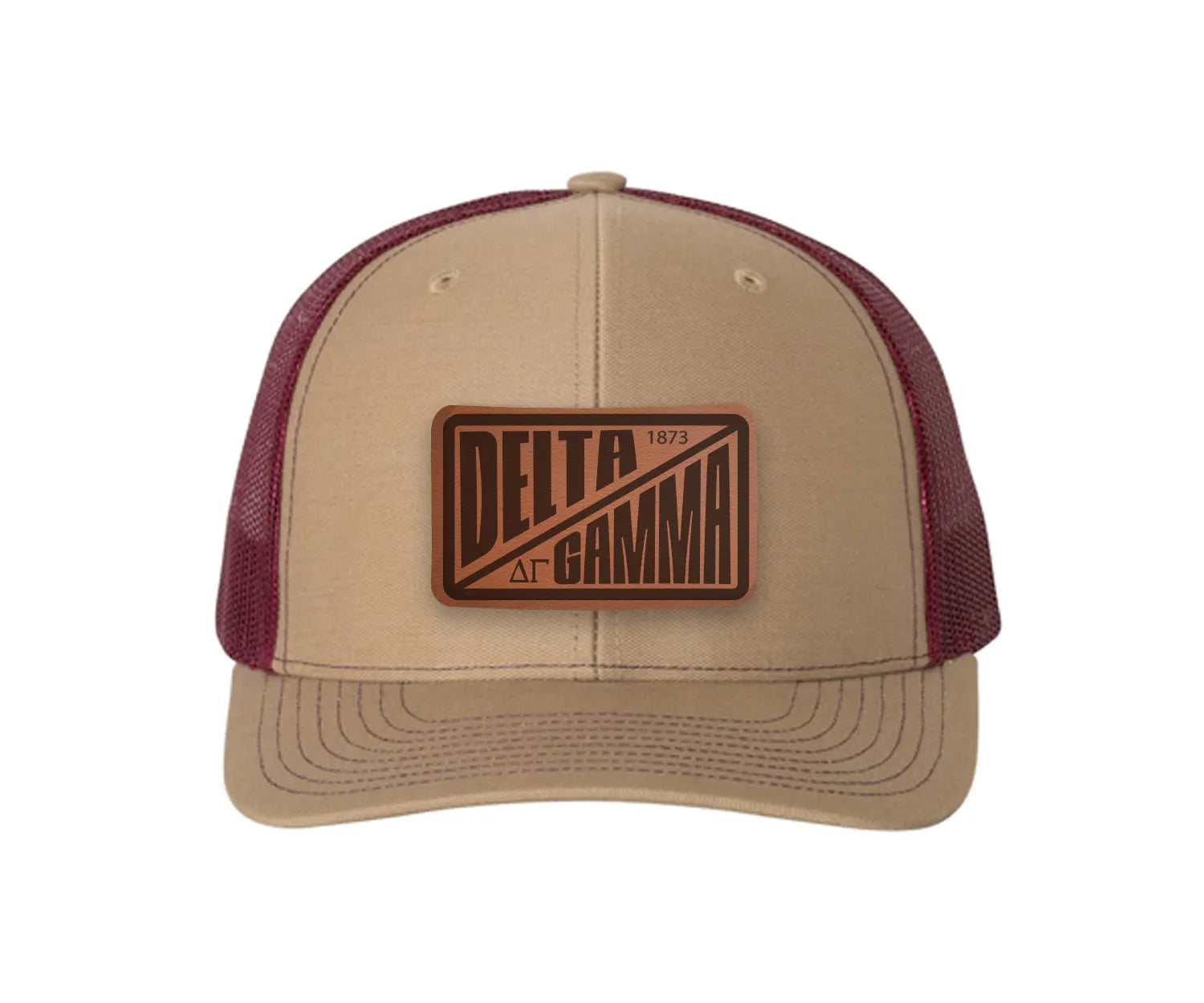 Delta Gamma Richardson 112 Leatherette Patch Trucker Hat - Divide Khaki Burgundy Trucker Hat