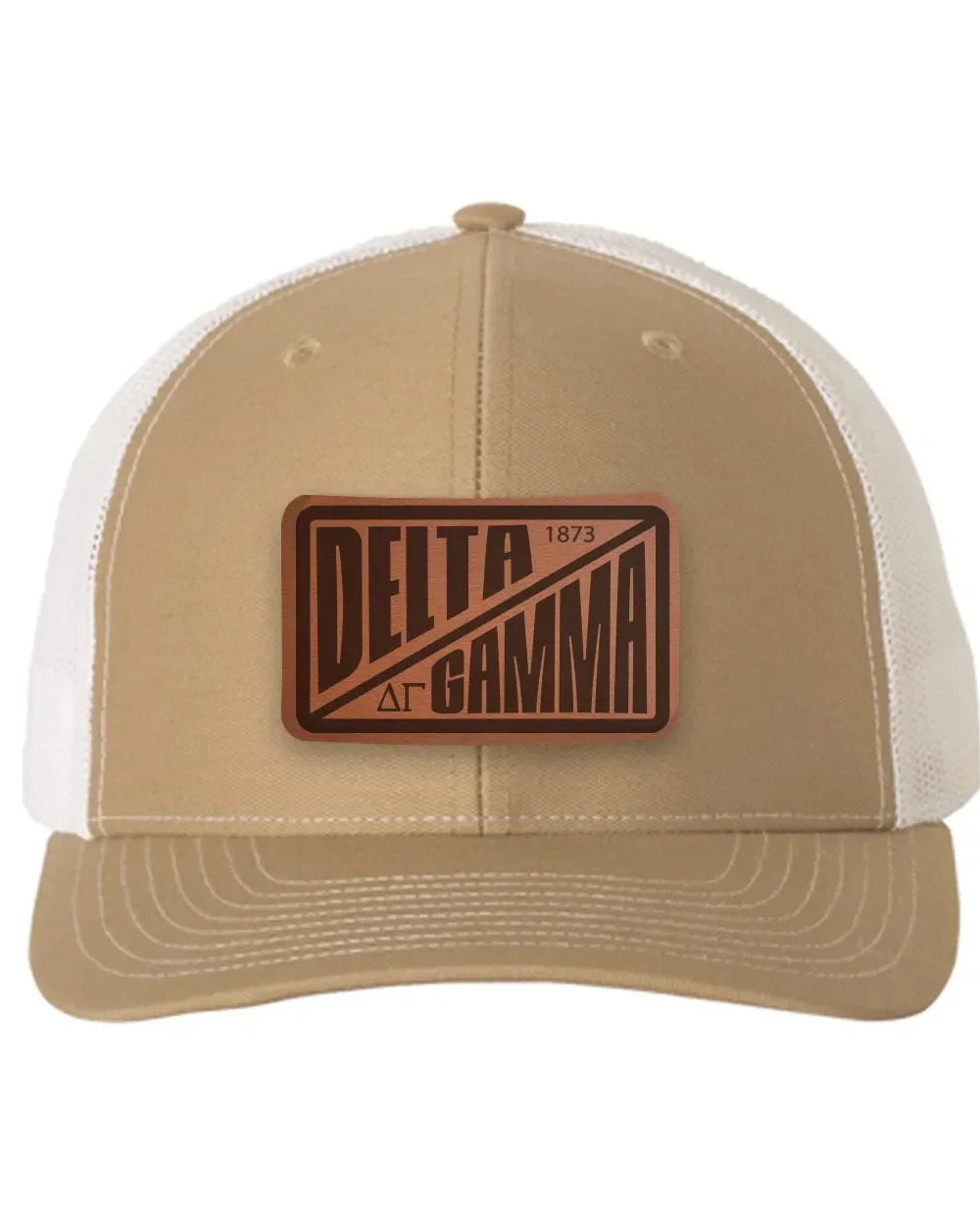 Delta Gamma Richardson 112 Leatherette Patch Trucker Hat - Divide Khaki White Trucker Hat