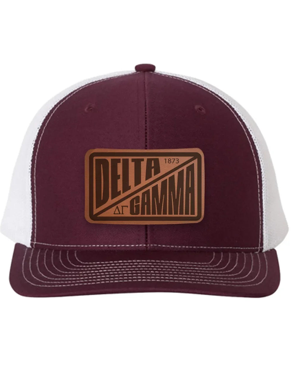 Delta Gamma Richardson 112 Leatherette Patch Trucker Hat - Divide Maroon White Trucker Hat