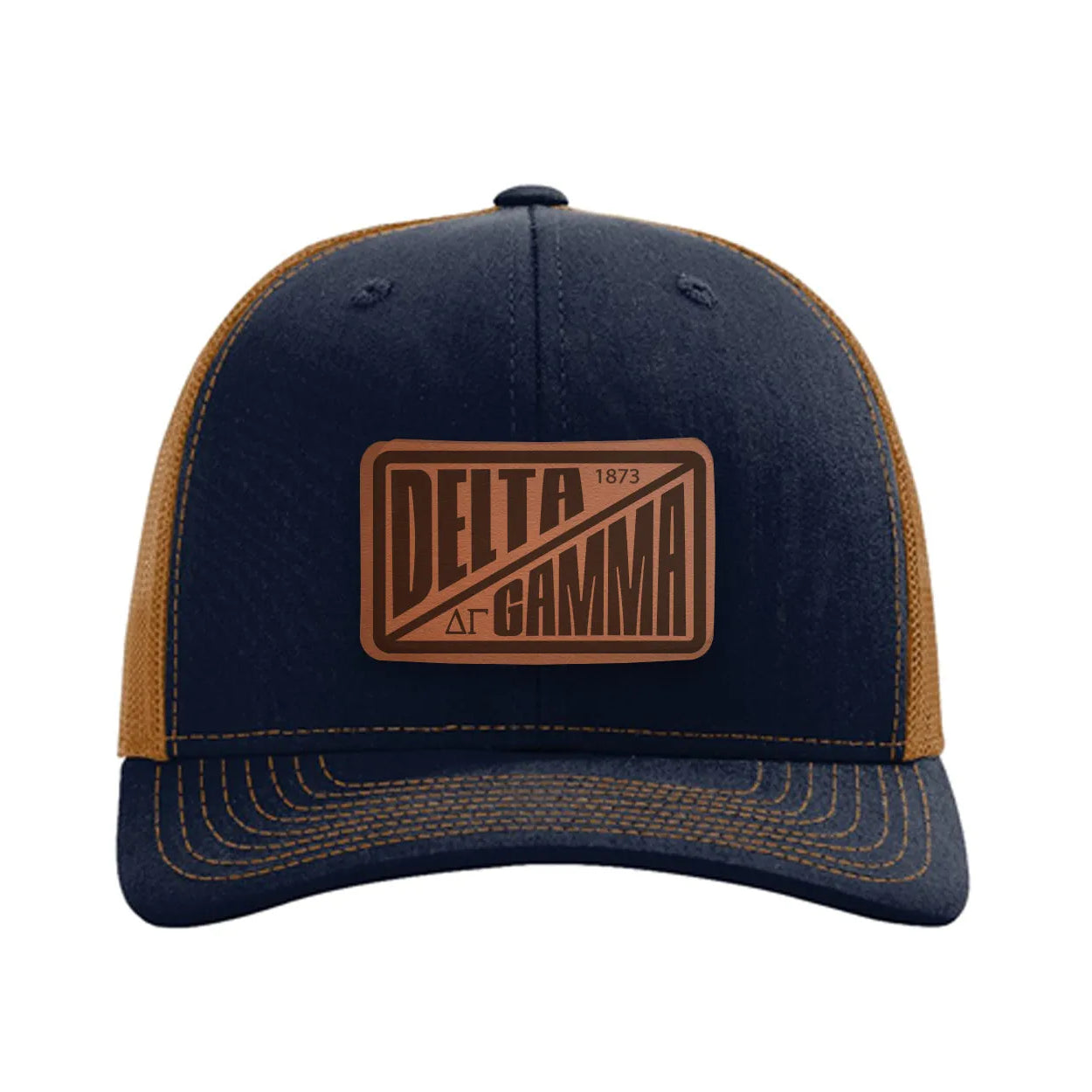 Delta Gamma Richardson 112 Leatherette Patch Trucker Hat - Divide Navy Caramel Trucker Hat