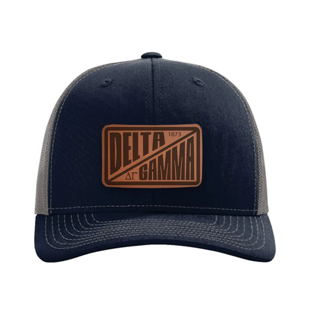 Delta Gamma Richardson 112 Leatherette Patch Trucker Hat - Divide Navy Charcoal Trucker Hat
