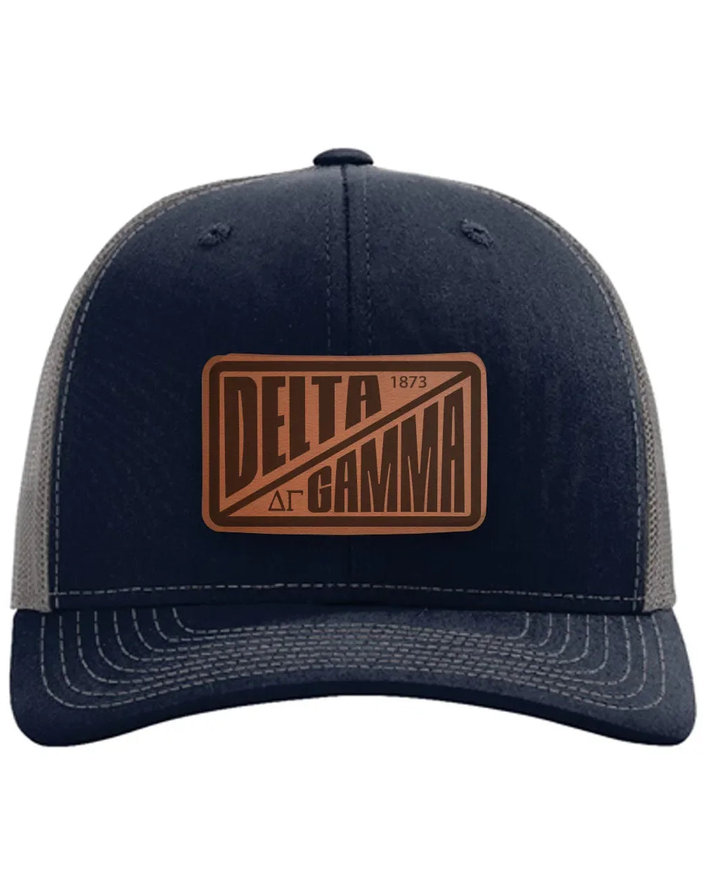 Delta Gamma Richardson 112 Leatherette Patch Trucker Hat - Divide Navy Charcoal Trucker Hat