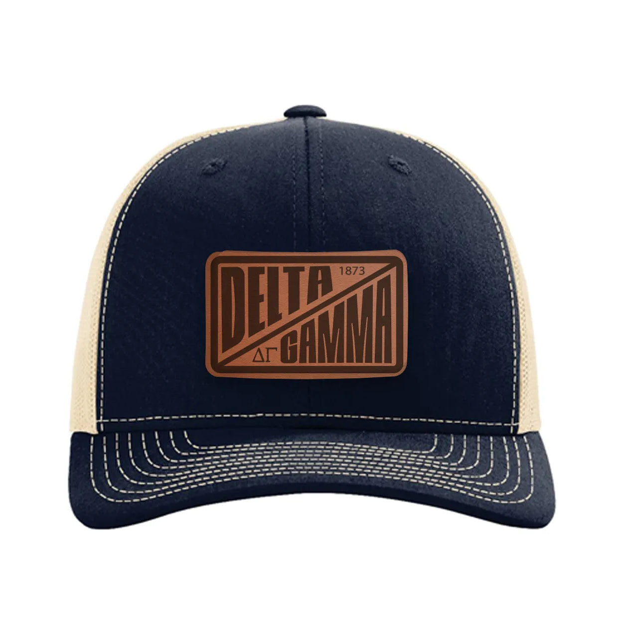 Delta Gamma Richardson 112 Leatherette Patch Trucker Hat - Divide Navy Khaki Trucker Hat