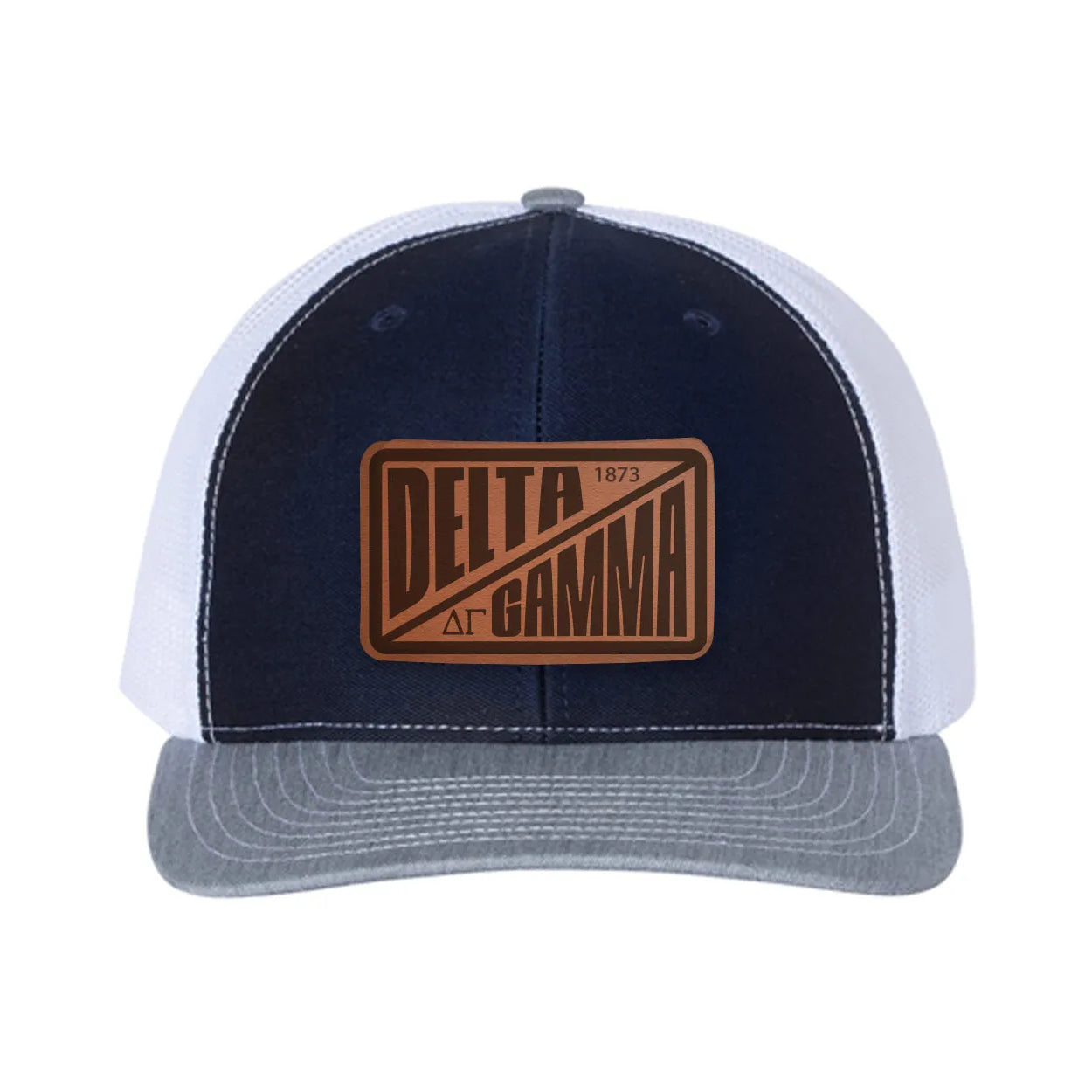 Delta Gamma Richardson 112 Leatherette Patch Trucker Hat - Divide Navy White Heather Gray Trucker Hat