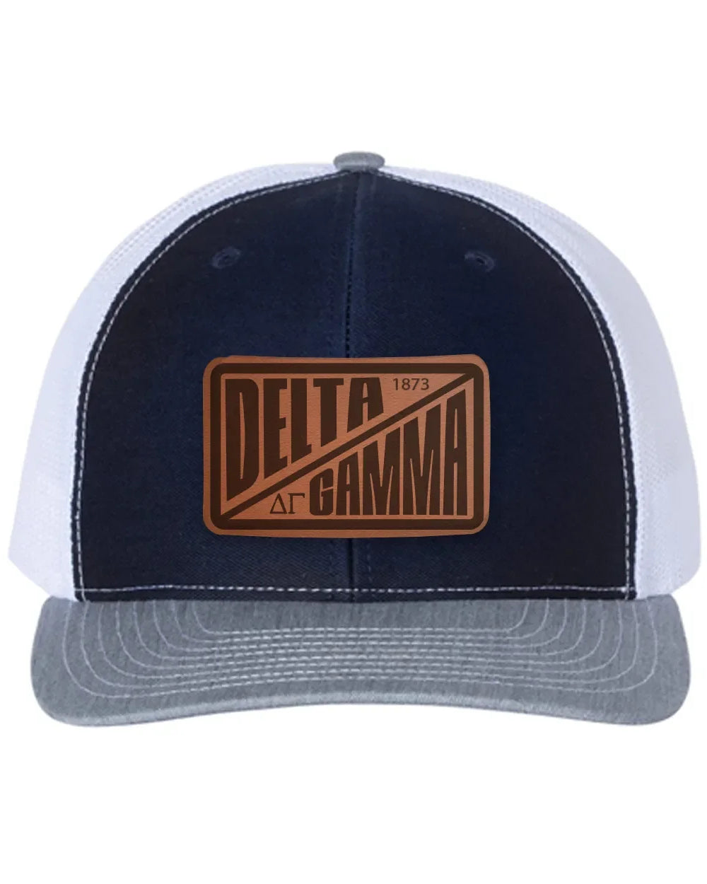 Delta Gamma Richardson 112 Leatherette Patch Trucker Hat - Divide Navy White Heather Gray Trucker Hat