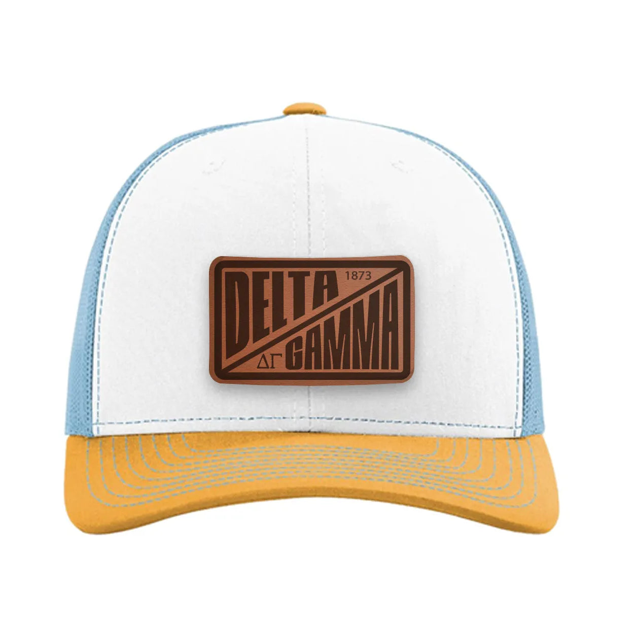 Delta Gamma Richardson 112 Leatherette Patch Trucker Hat - Divide White Blue Yellow Trucker Hat