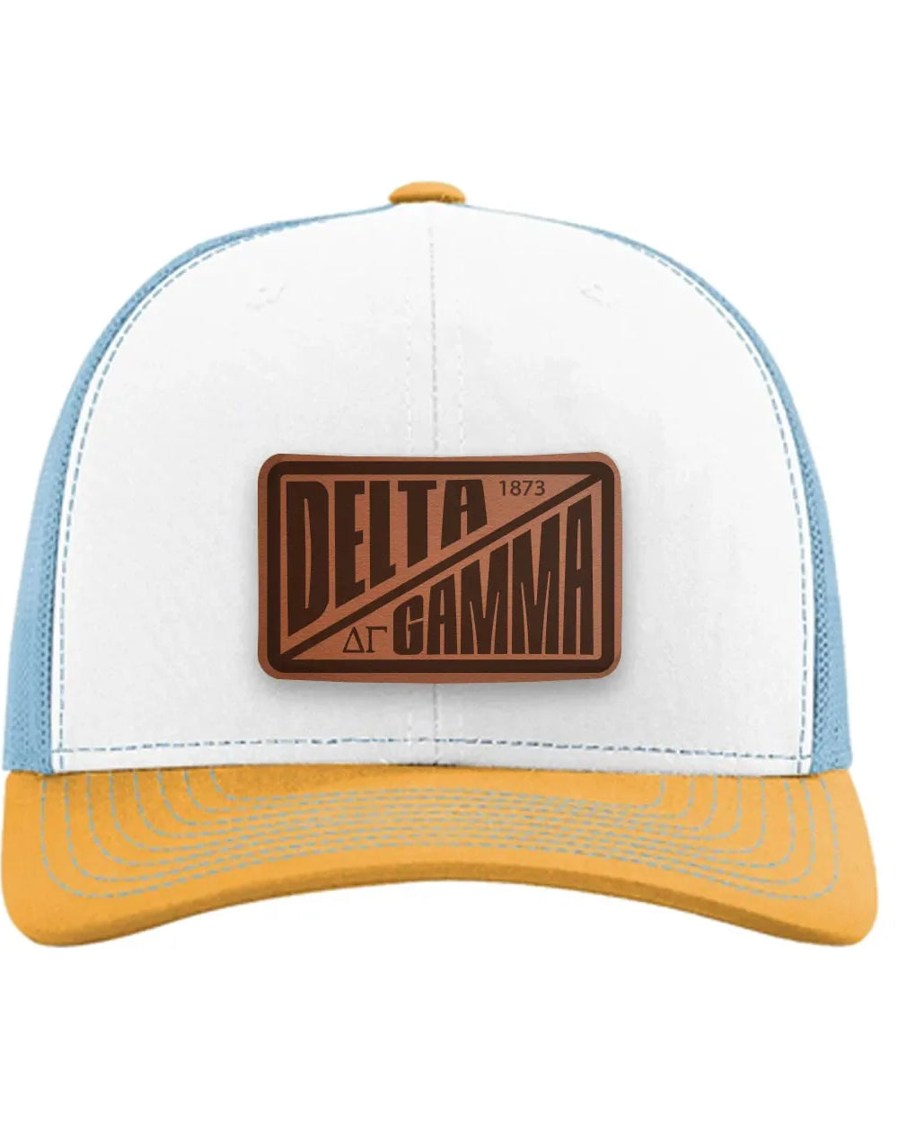 Delta Gamma Richardson 112 Leatherette Patch Trucker Hat - Divide White Blue Yellow Trucker Hat
