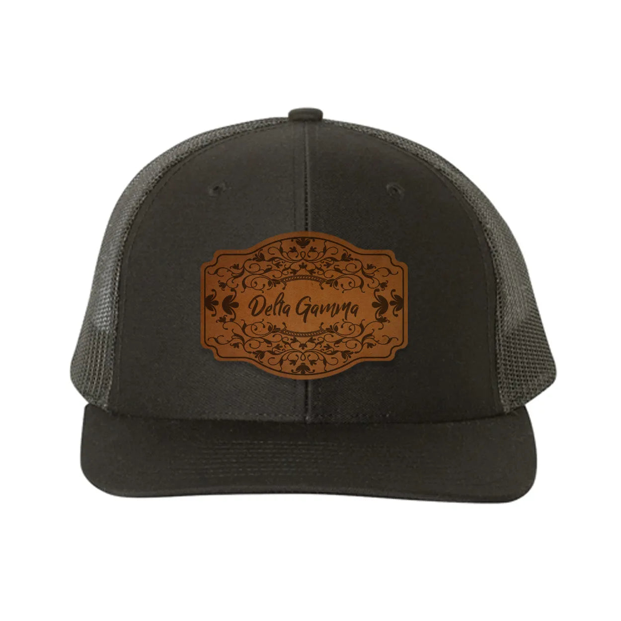 Delta Gamma Richardson 112 Leatherette Patch Trucker Hat - Scroll Black Black Trucker Hat