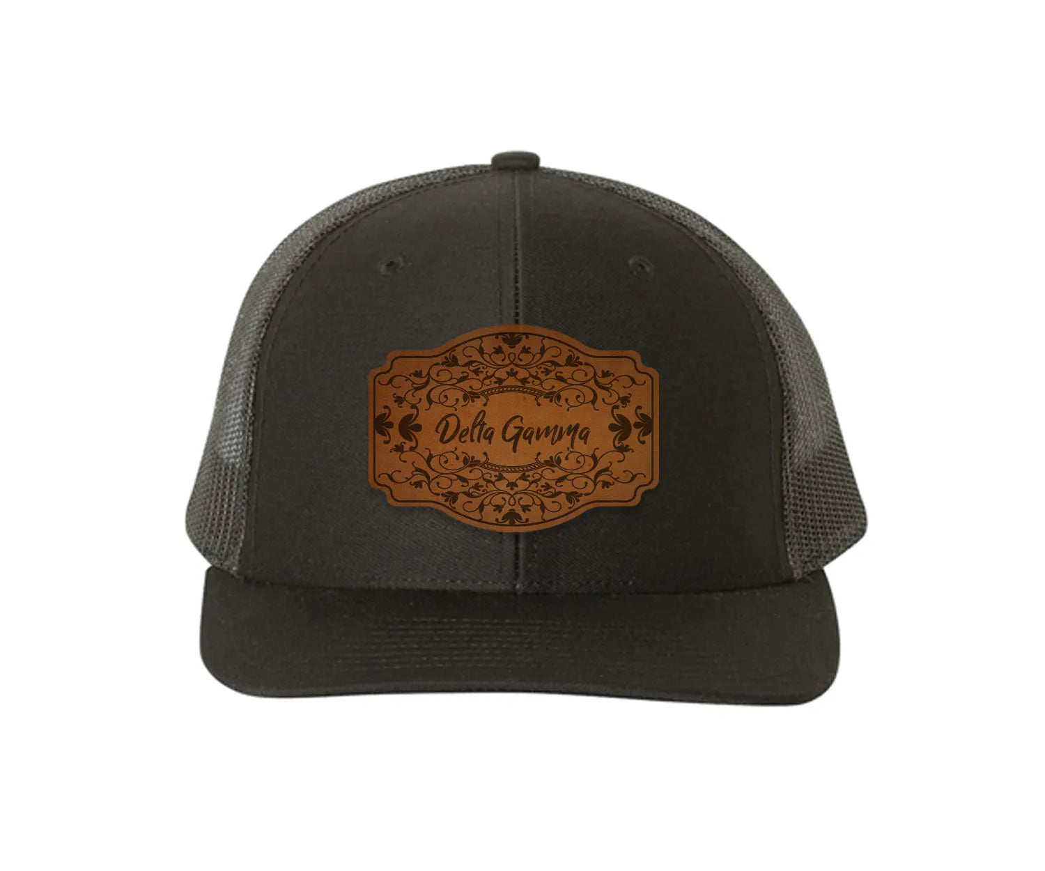 Delta Gamma Richardson 112 Leatherette Patch Trucker Hat - Scroll Black Black Trucker Hat
