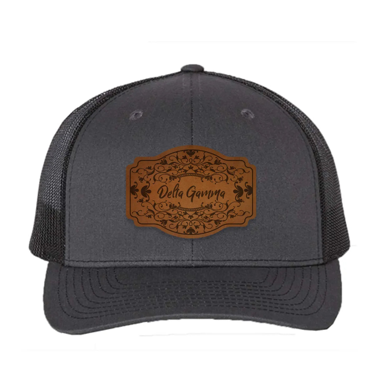 Delta Gamma Richardson 112 Leatherette Patch Trucker Hat - Scroll Charcoal Black Trucker Hat