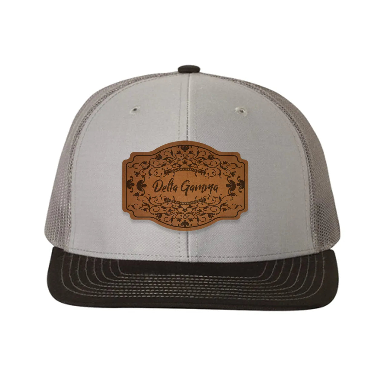 Delta Gamma Richardson 112 Leatherette Patch Trucker Hat - Scroll Gray Charcoal Black Trucker Hat