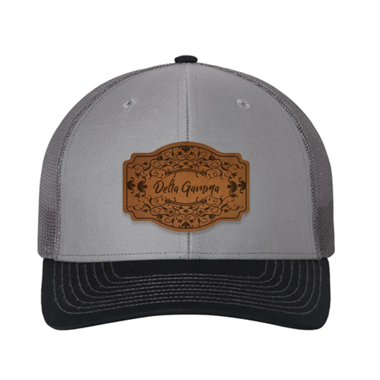 Delta Gamma Richardson 112 Leatherette Patch Trucker Hat - Scroll Gray Charcoal Navy Trucker Hat