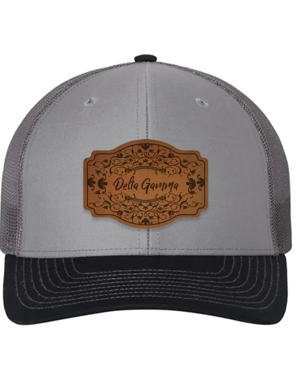 Delta Gamma Richardson 112 Leatherette Patch Trucker Hat - Scroll Gray Charcoal Navy Trucker Hat