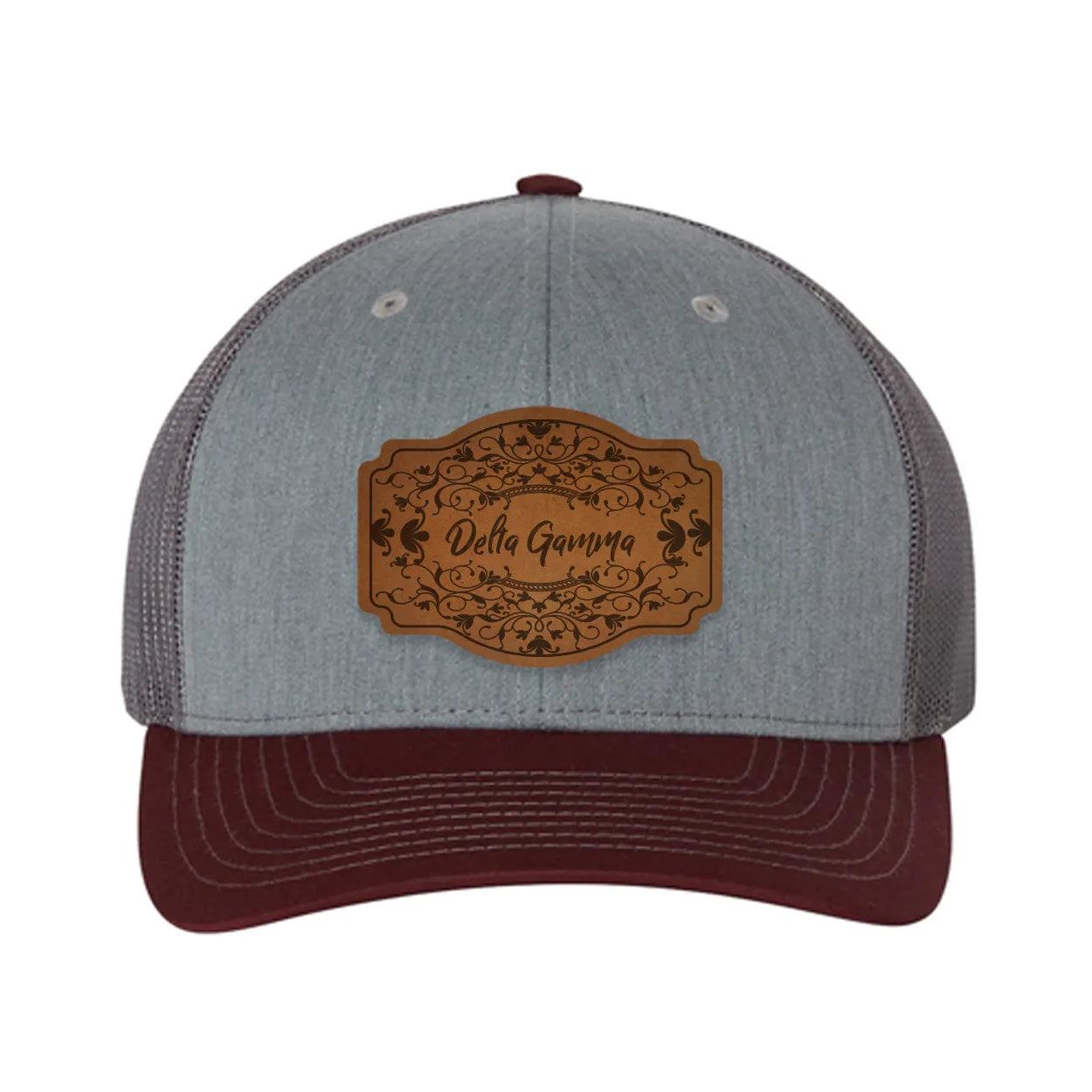 Delta Gamma Richardson 112 Leatherette Patch Trucker Hat - Scroll Heather Gray Charcoal Maroon Trucker Hat