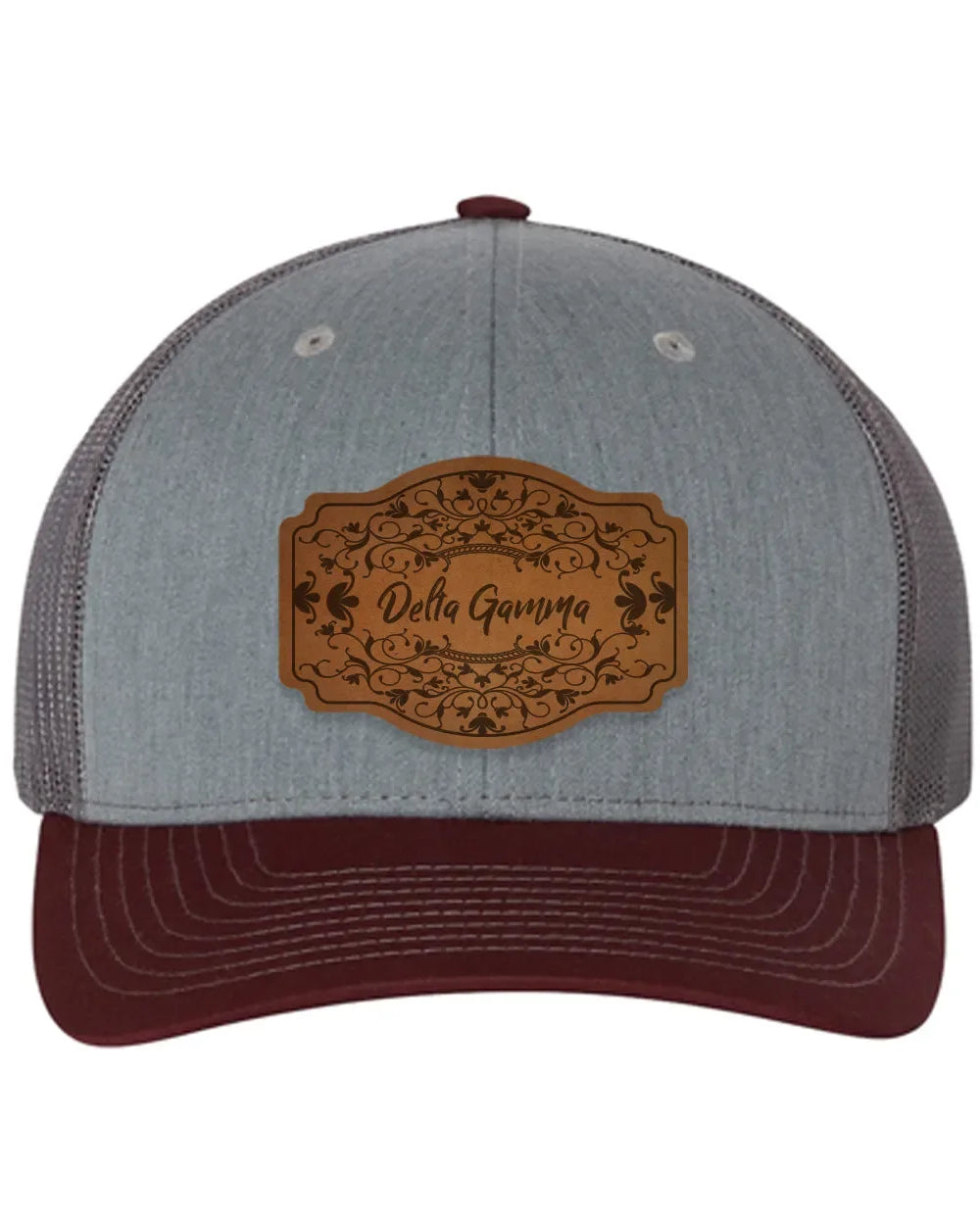Delta Gamma Richardson 112 Leatherette Patch Trucker Hat - Scroll Heather Gray Charcoal Maroon Trucker Hat