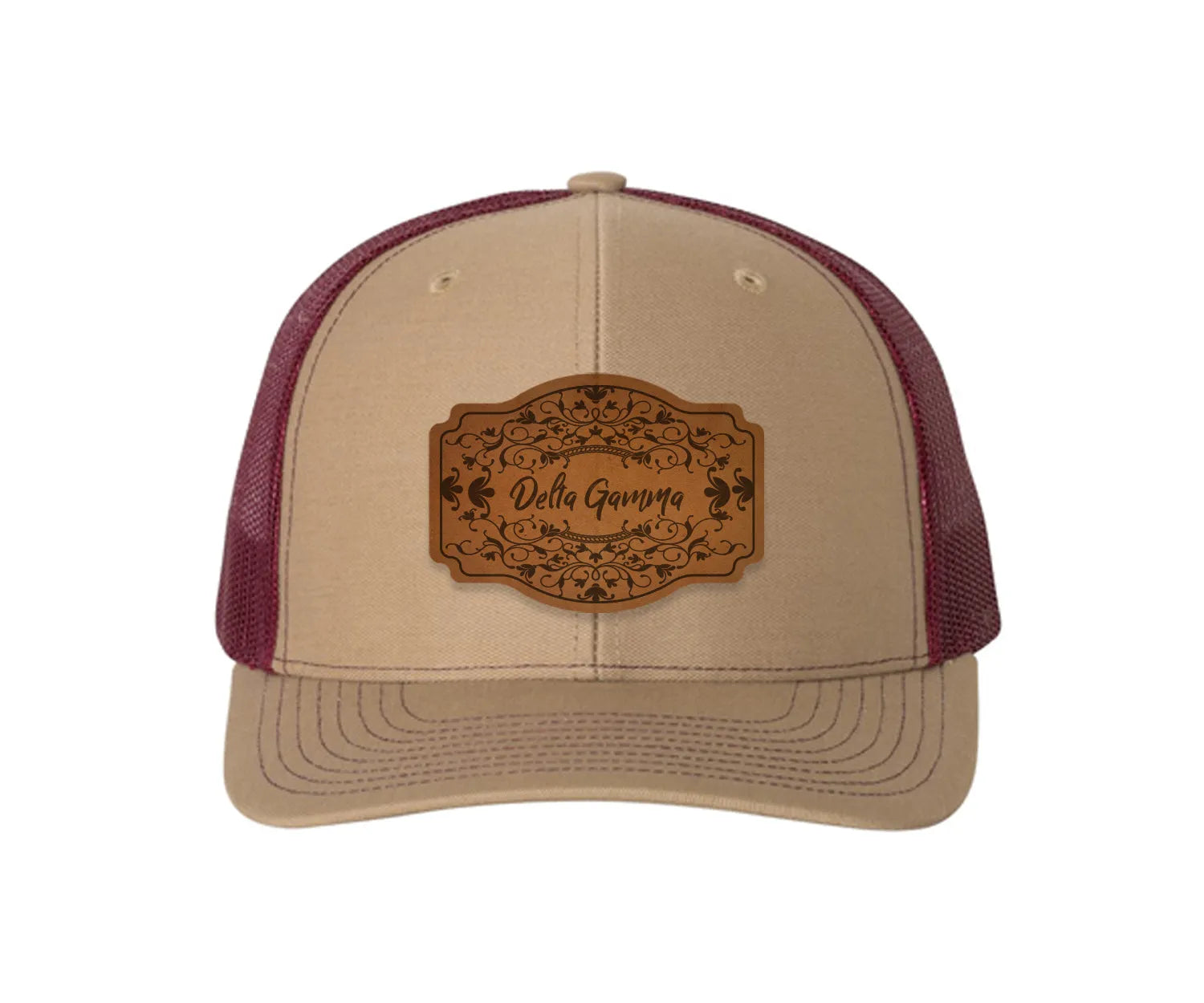 Delta Gamma Richardson 112 Leatherette Patch Trucker Hat - Scroll Khaki Burgundy Trucker Hat