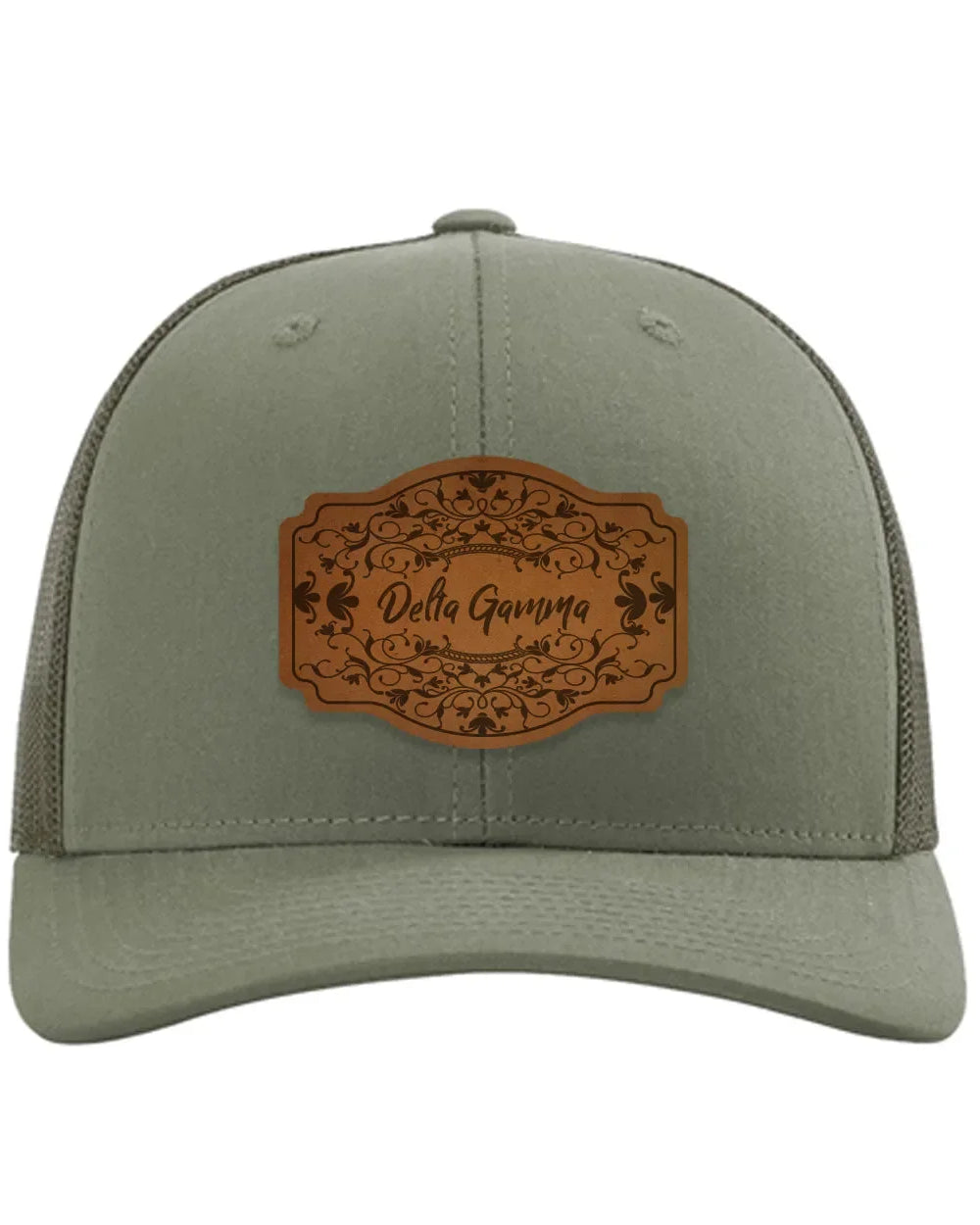 Delta Gamma Richardson 112 Leatherette Patch Trucker Hat - Scroll Loden Trucker Hat