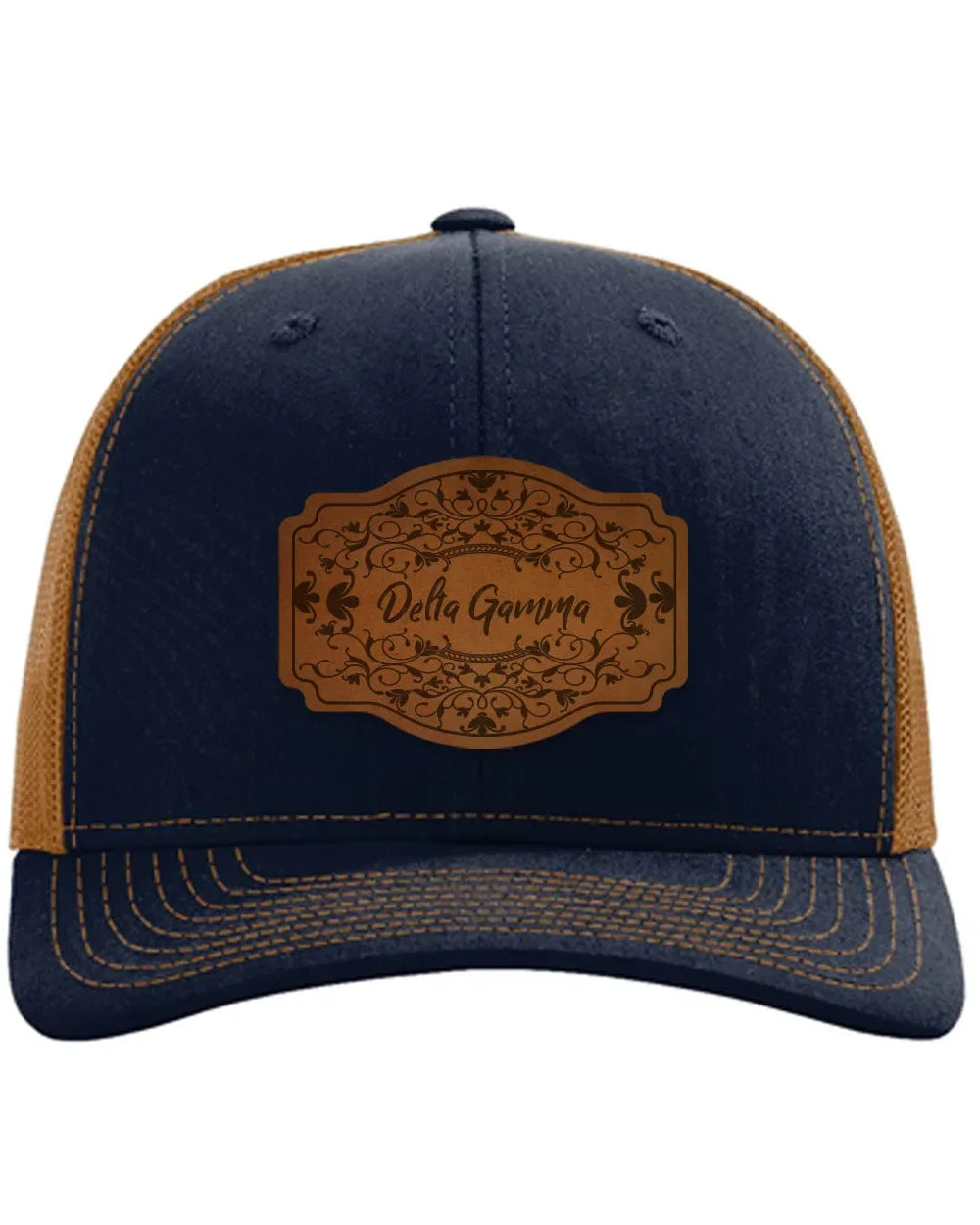 Delta Gamma Richardson 112 Leatherette Patch Trucker Hat - Scroll Navy Caramel Trucker Hat