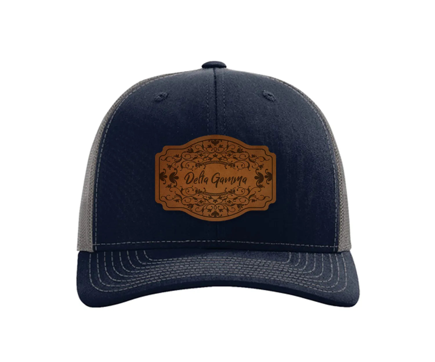 Delta Gamma Richardson 112 Leatherette Patch Trucker Hat - Scroll Navy Charcoal Trucker Hat