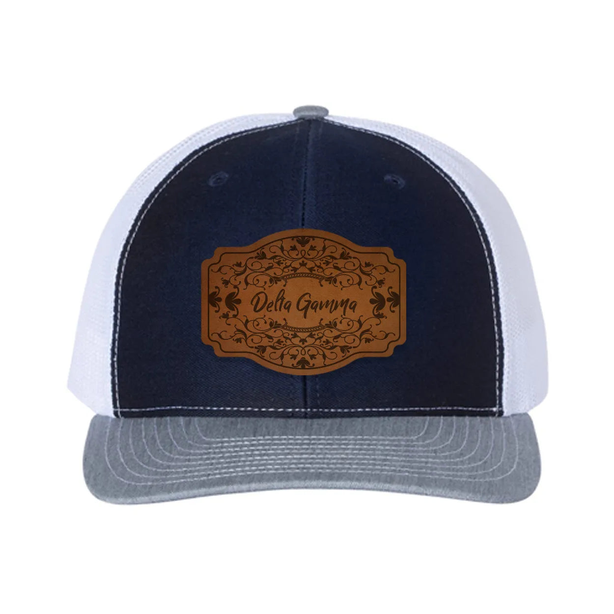 Delta Gamma Richardson 112 Leatherette Patch Trucker Hat - Scroll Navy White Heather Gray Trucker Hat