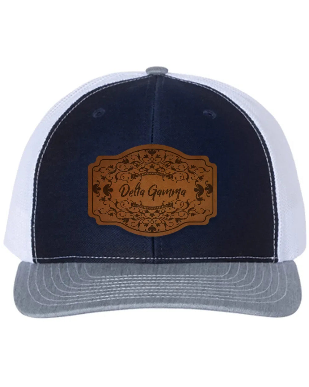 Delta Gamma Richardson 112 Leatherette Patch Trucker Hat - Scroll Navy White Heather Gray Trucker Hat