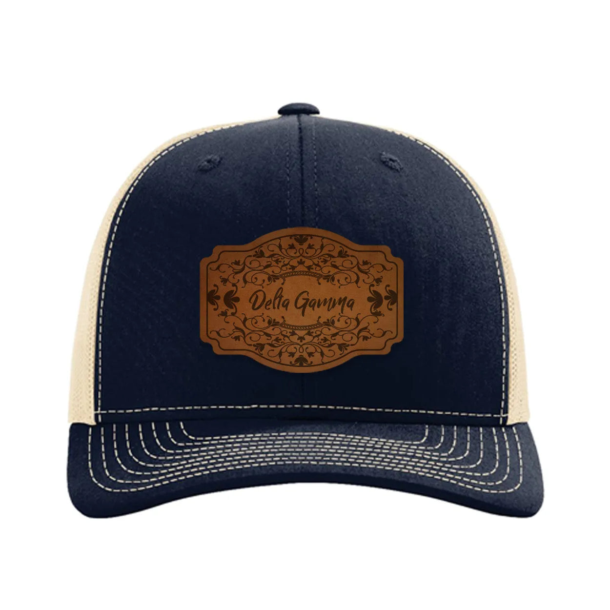 Delta Gamma Richardson 112 Leatherette Patch Trucker Hat - Scroll Navy Khaki Trucker Hat