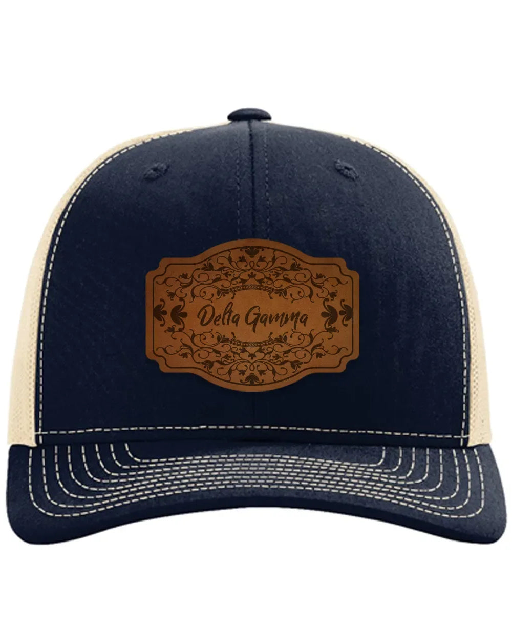 Delta Gamma Richardson 112 Leatherette Patch Trucker Hat - Scroll Navy Khaki Trucker Hat