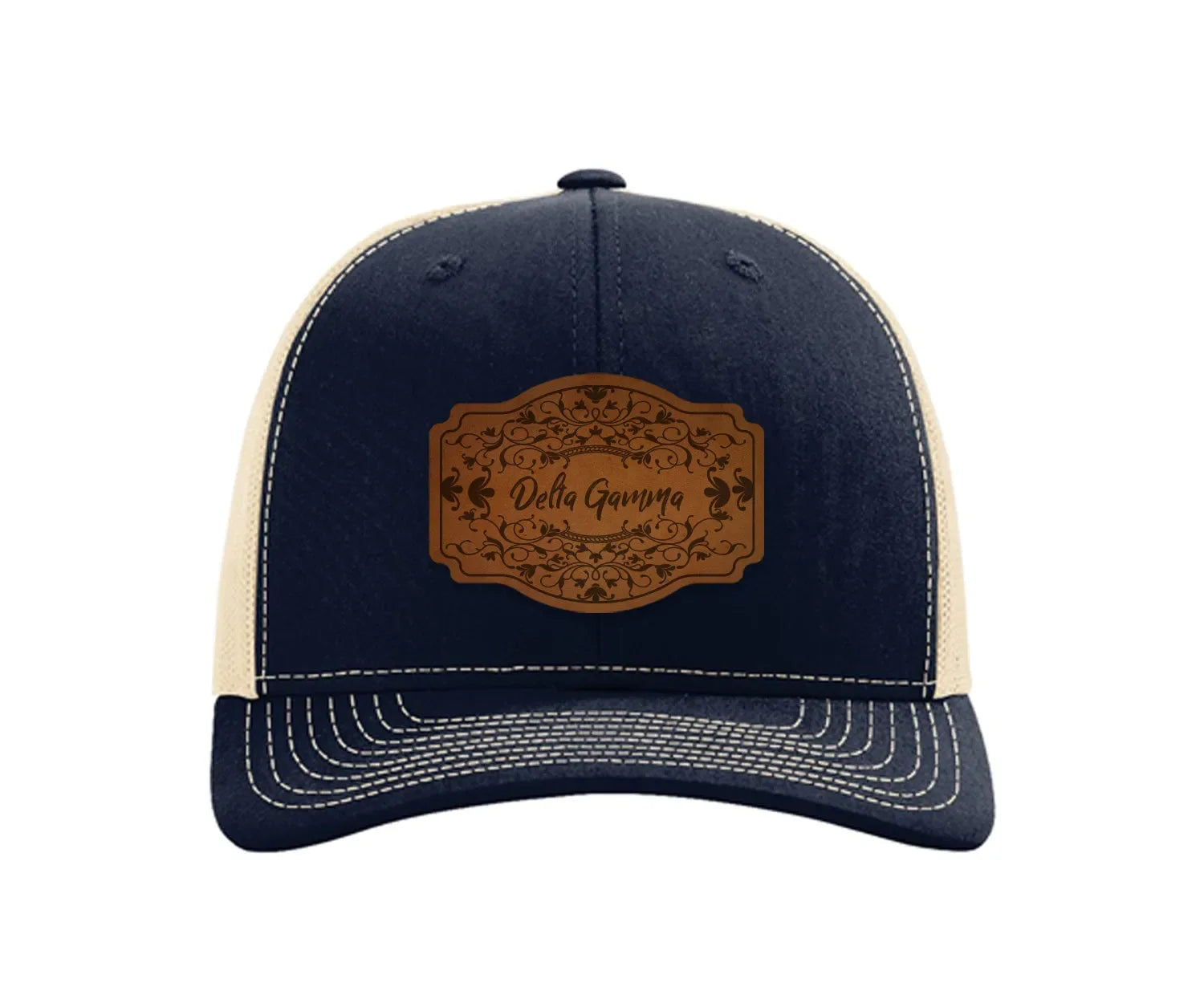 Delta Gamma Richardson 112 Leatherette Patch Trucker Hat - Scroll Navy Khaki Trucker Hat