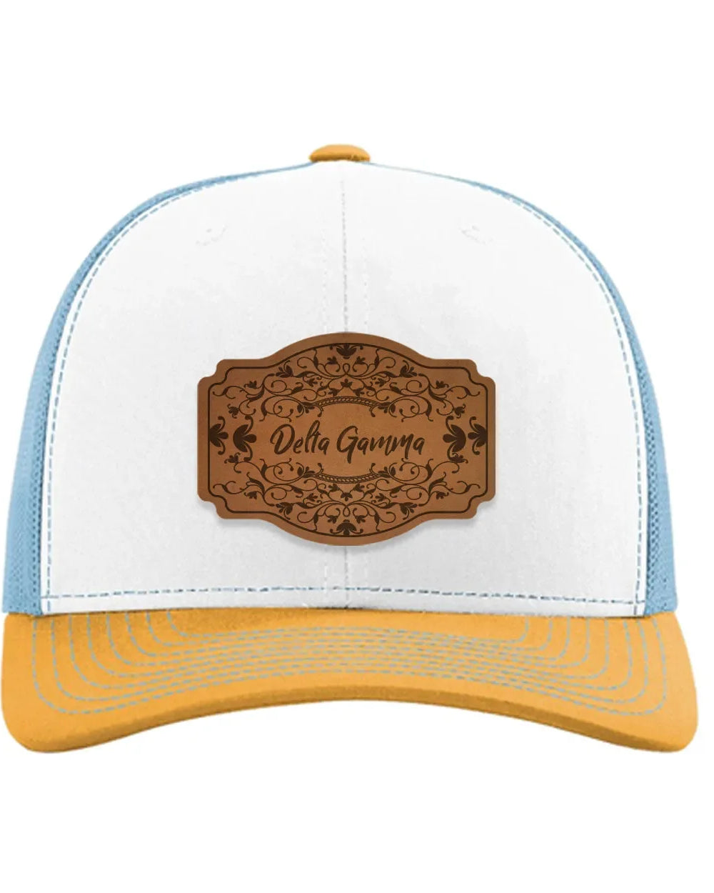 Delta Gamma Richardson 112 Leatherette Patch Trucker Hat - Scroll White Blue Yellow Trucker Hat