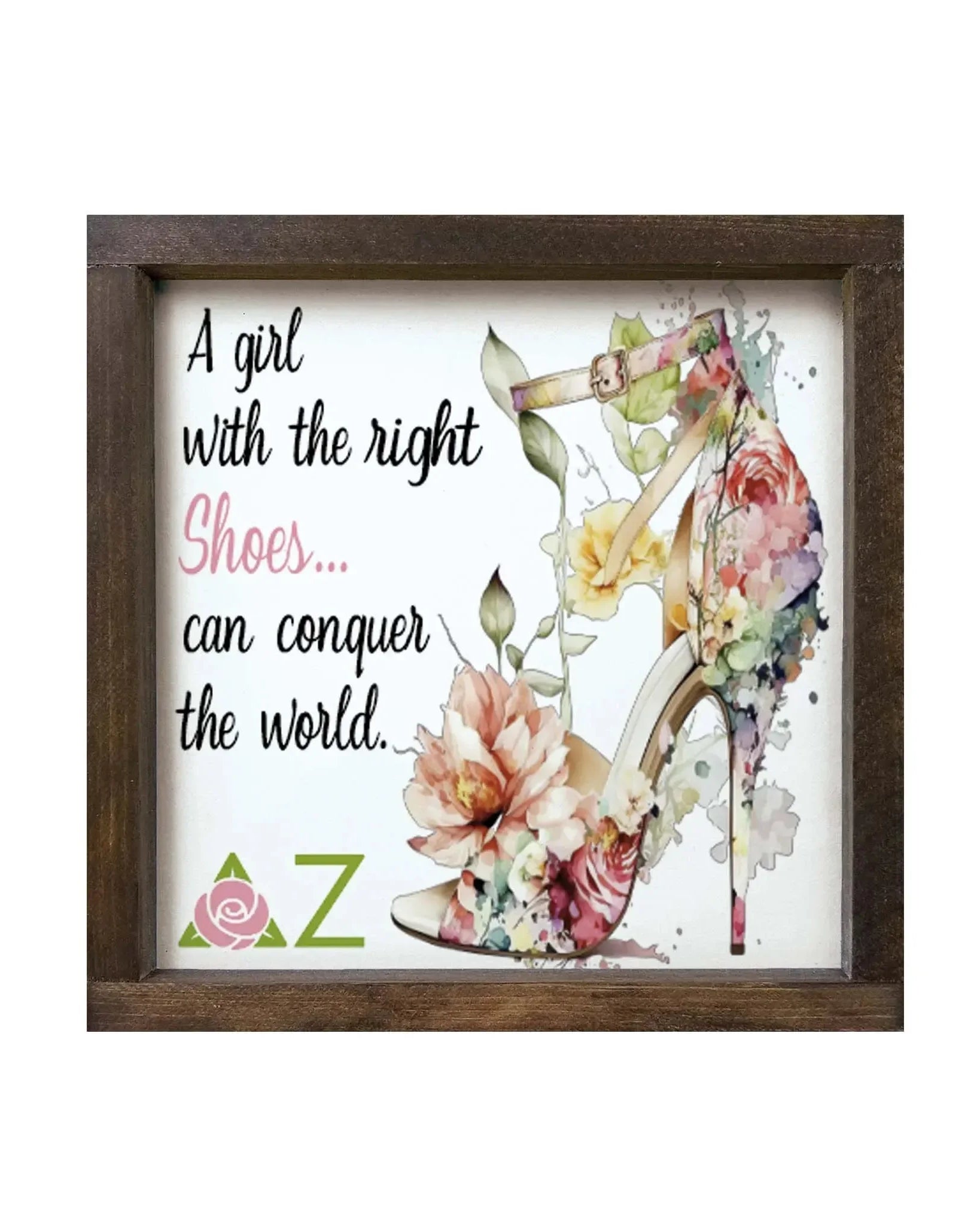 Delta Zeta 12x12 Wood Framed Sign - The Right Shoes Walnut Stain Wall Art & Signs