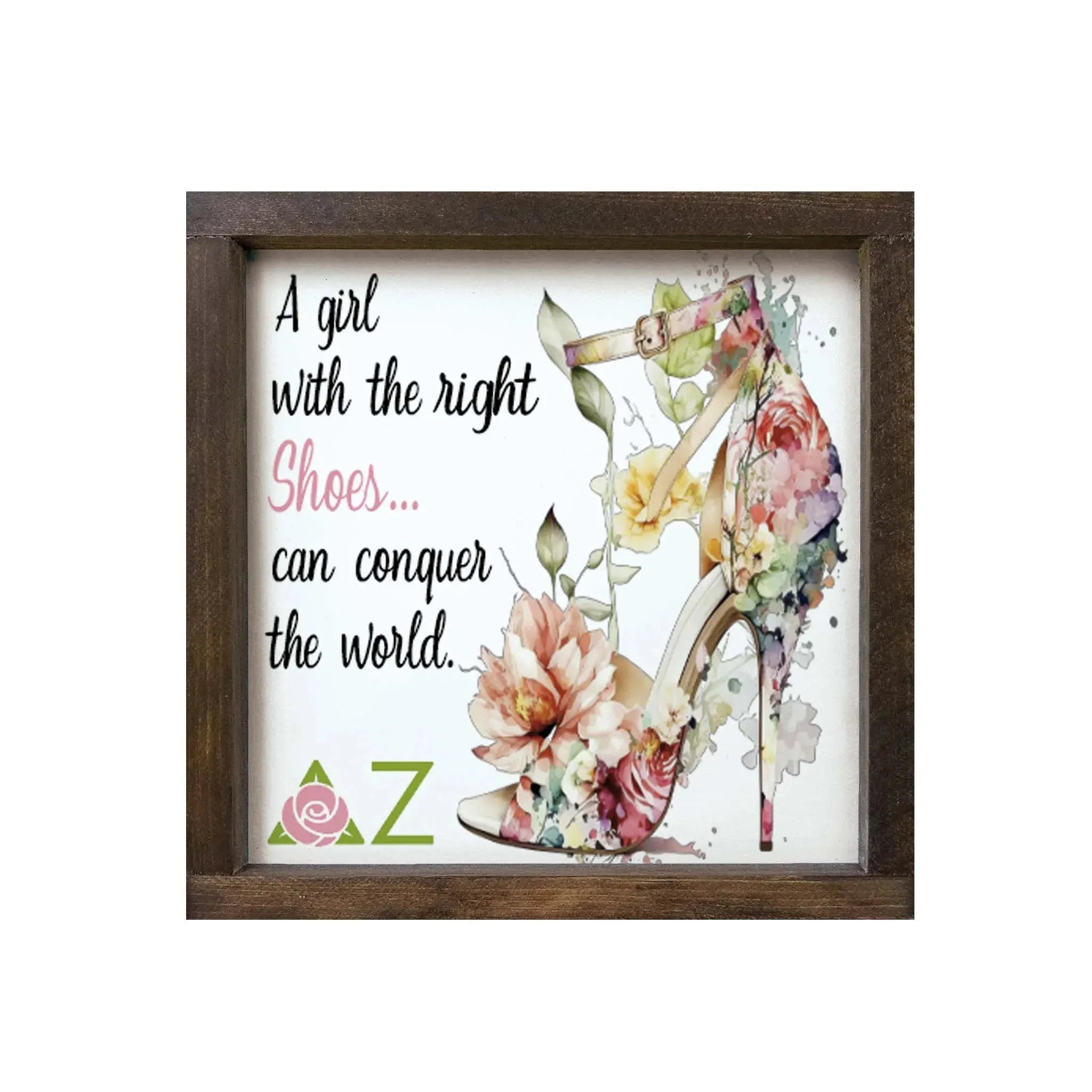 Delta Zeta 12x12 Wood Framed Sign - The Right Shoes Walnut Stain Wall Art & Signs